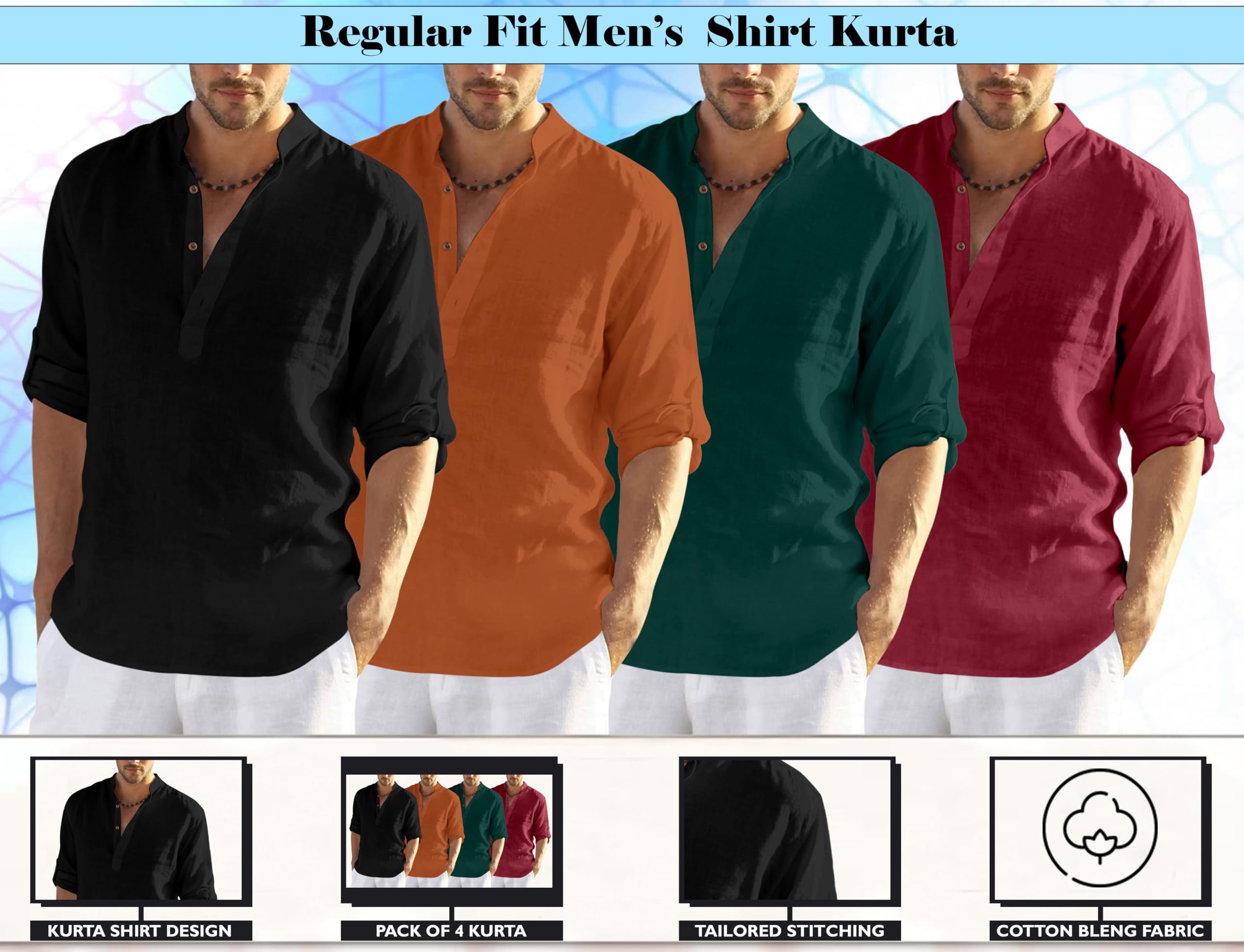 Zombom MenS Cotton Blend Solid Full Sleeve Regular Fit Kurta Shirt, Multicolor, L, Combo Set Of 4