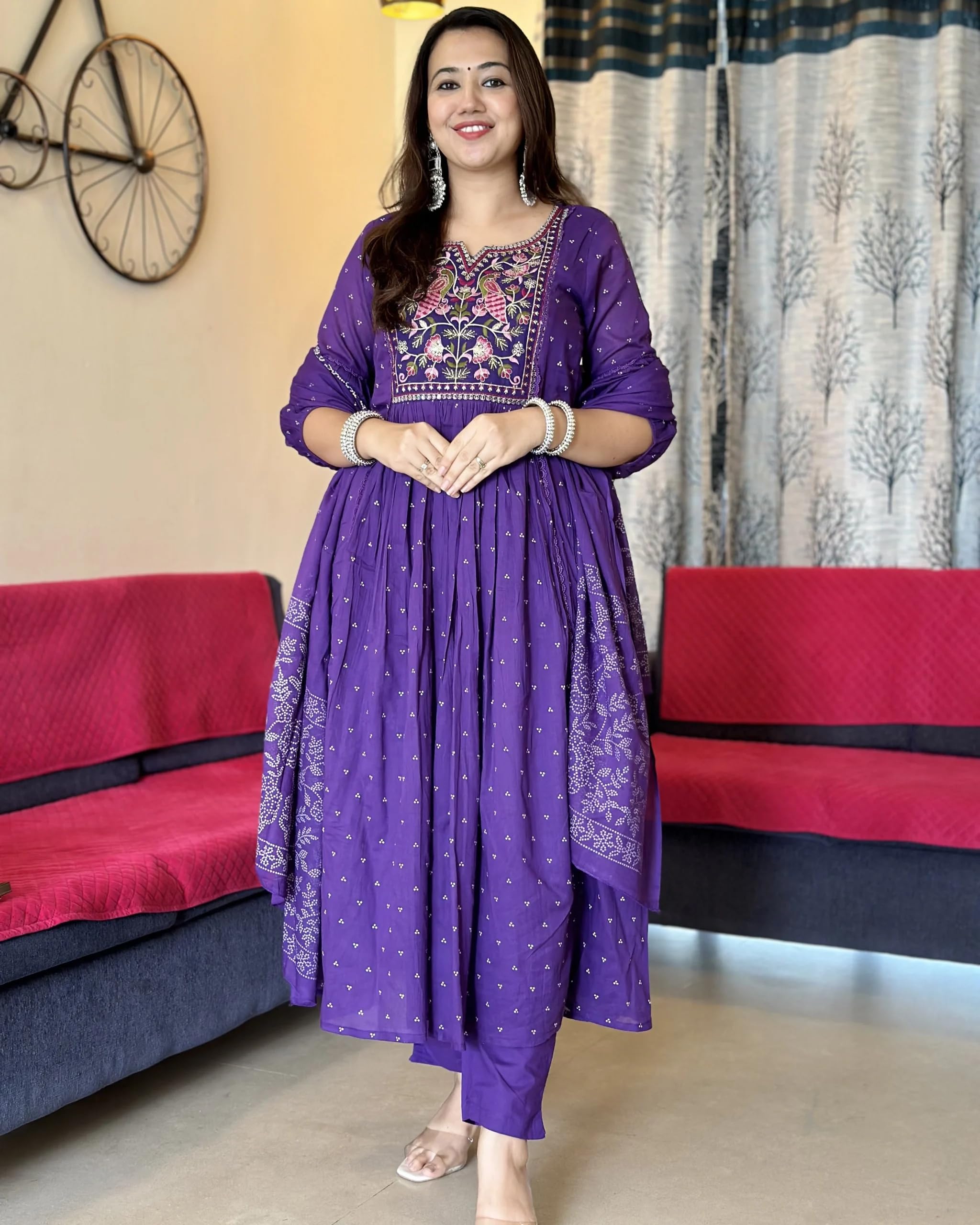 ANNI DESIGNER Womens Rayon Blend Printed Anarkali Kurta with Pant & Dupatta (Kanota Blue_XXL_Blue_XX-Large)