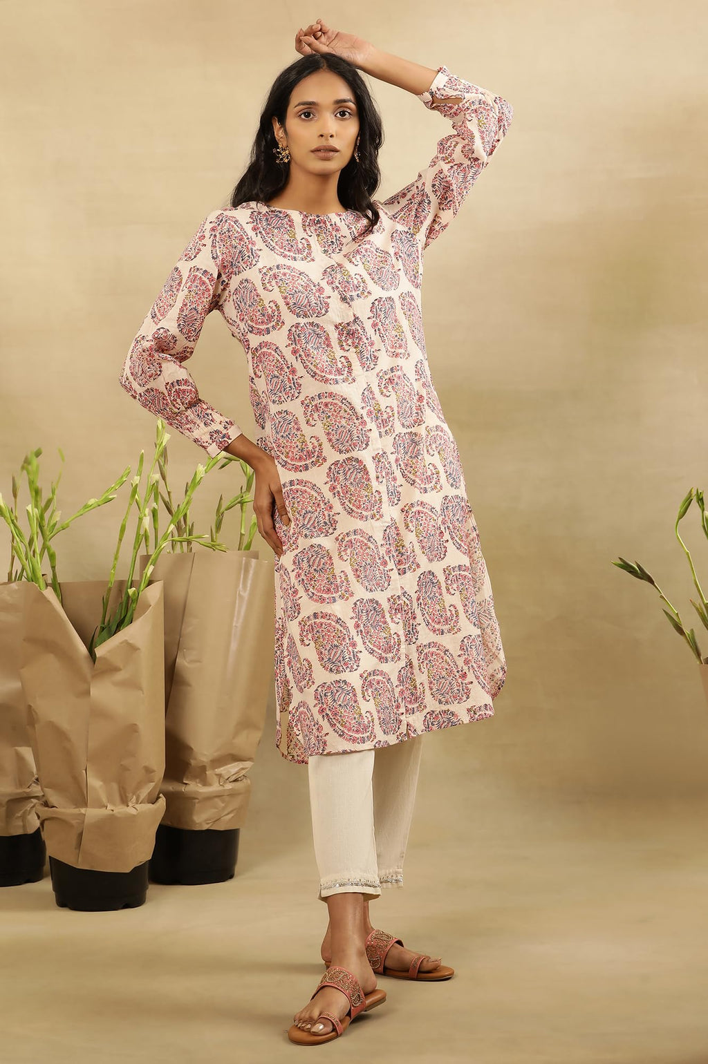 Folksong By W Women White Printed Cotton Straight Kurta