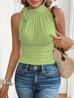 Sugathari Womens Pista Green Elegant High Neck Bow Detail Tank Top  Chic Sleeveless Ribbed Blouse in Beige | Summer Casual & St