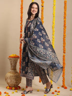 ANNI DESIGNER Women s Printed Rayon Blend Kurta with Pants and Dupatta, Navy blue, L