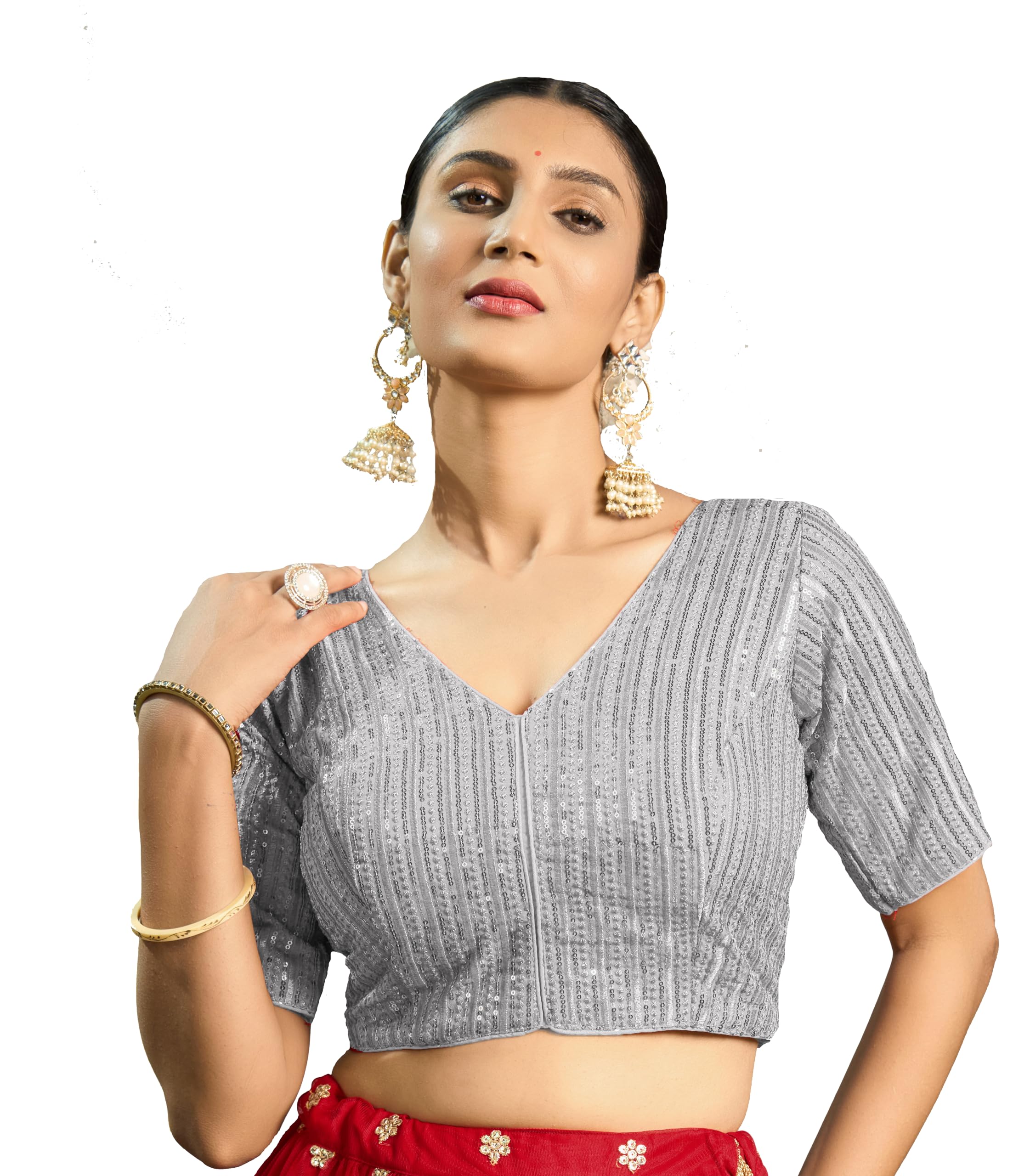 Pujia Mills WomenS Indian Ethnic Wear Designer Silver Sequence With Matching Embroidered Work V Neck Half Sleeve Readymade Padd