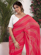 Satrani Womens Georgette Zari Work Ready To Wear Saree with Unstitched Blouse Piece