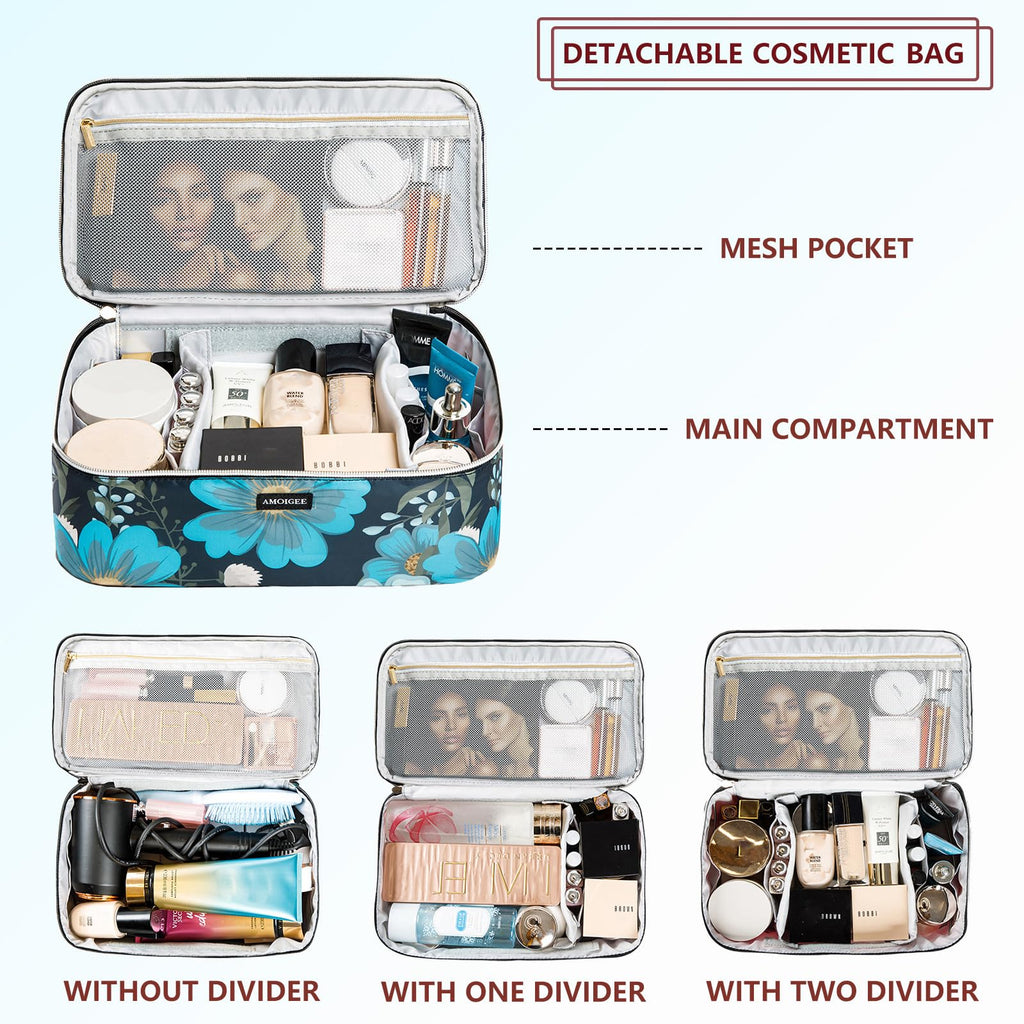 AMOIGEE Double Layer Makeup Train Case - Travel Bag Organizer for Makeup Brushes, Bottles, Palettes, Sponges and Cosmetics