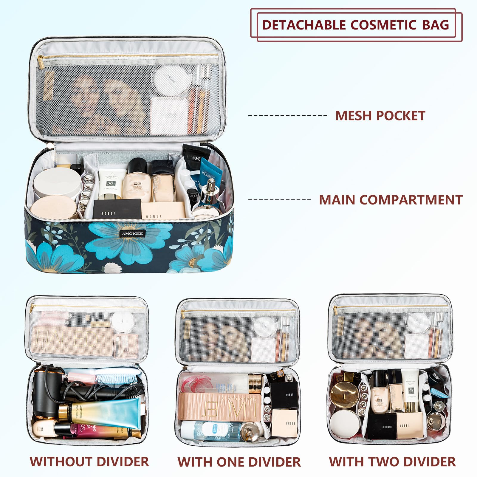 AMOIGEE Double Layer Makeup Train Case - Travel Bag Organizer for Makeup Brushes, Bottles, Palettes, Sponges and Cosmetics