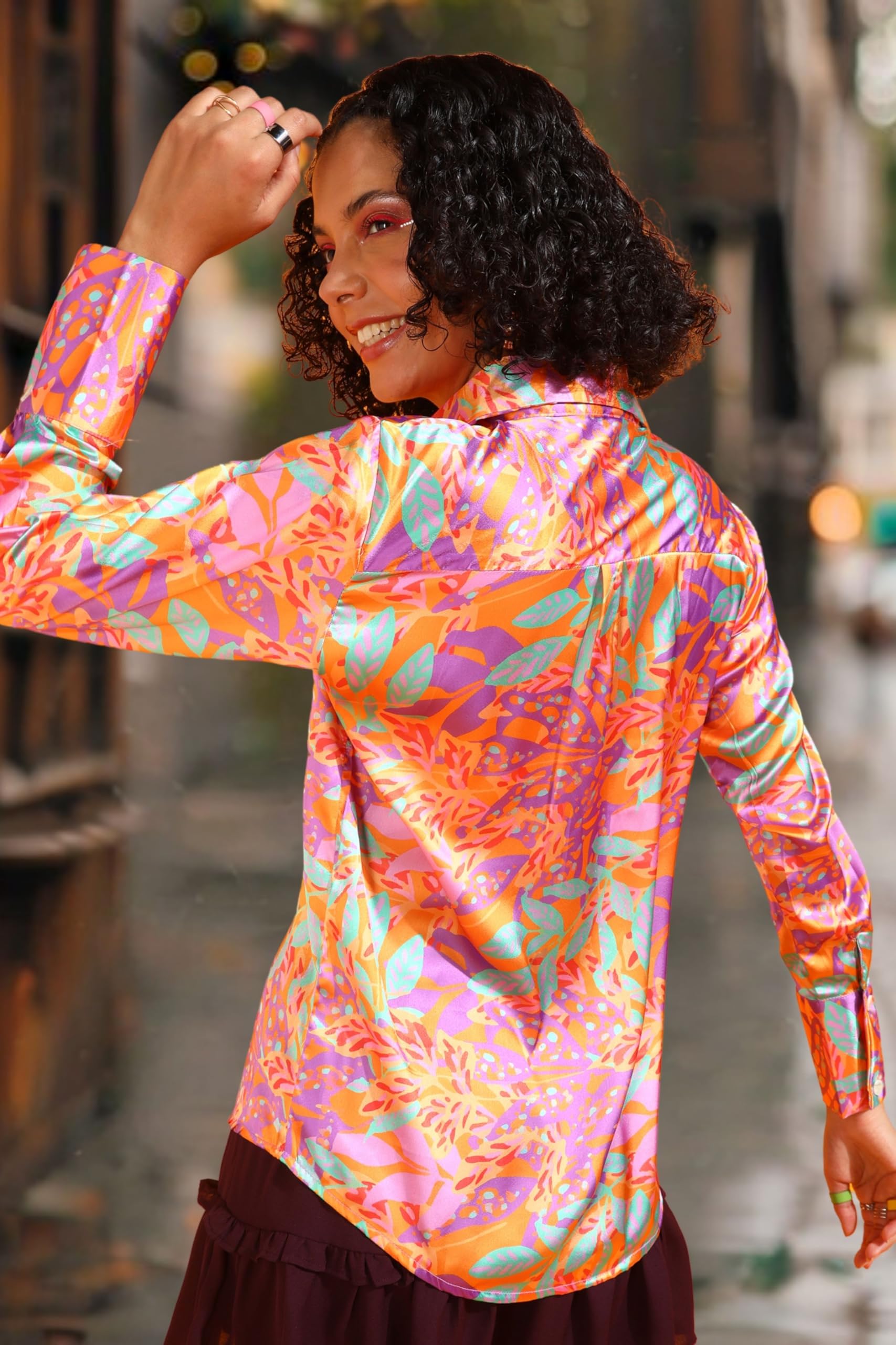 POPWINGS Printed Full-Sleeves Regular-Fit Satin Printed Shirt for Women Stylish Western Casual Wear