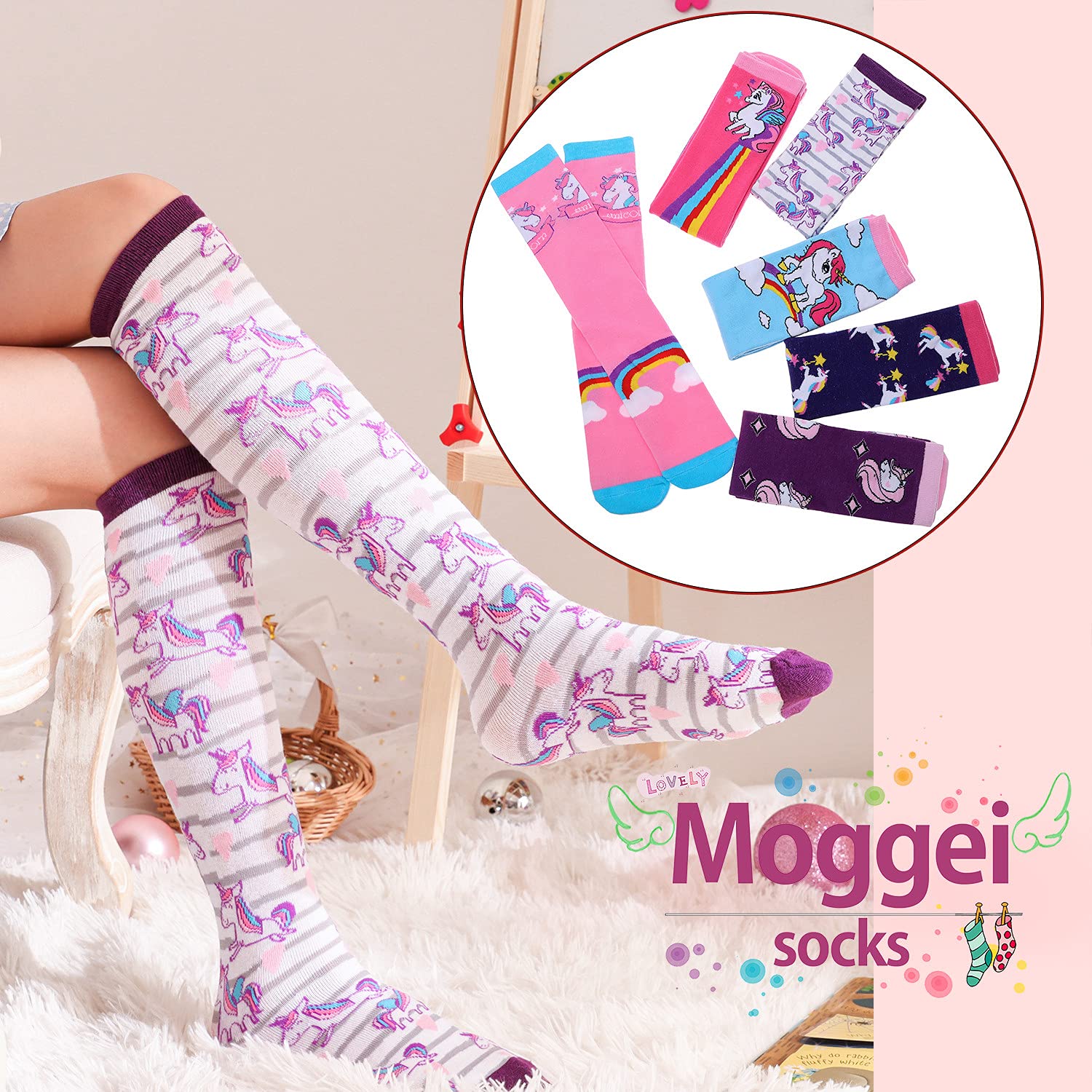 MOGGEI Kids Girls Knee High Socks Gift Long Crazy Silly Tall Funny Boot Cute Animal Child Fun Gift Stocking Stuffer Socks 6 Pair