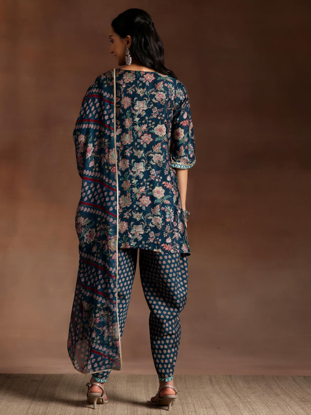 Libas Womens Printed Silk Blend Straight Kurta With Dhoti Pant And Dupatta