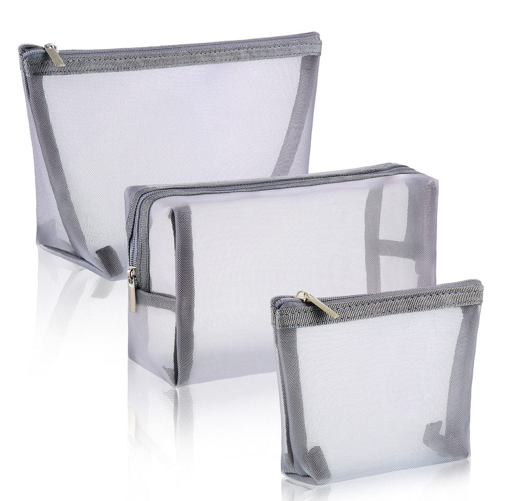 Boao 3 Pieces Mesh Cosmetic Bag Mesh Makeup Bags Mesh Zipper Pouch for Offices Travel Accessories, 3 Sizes (Grey)