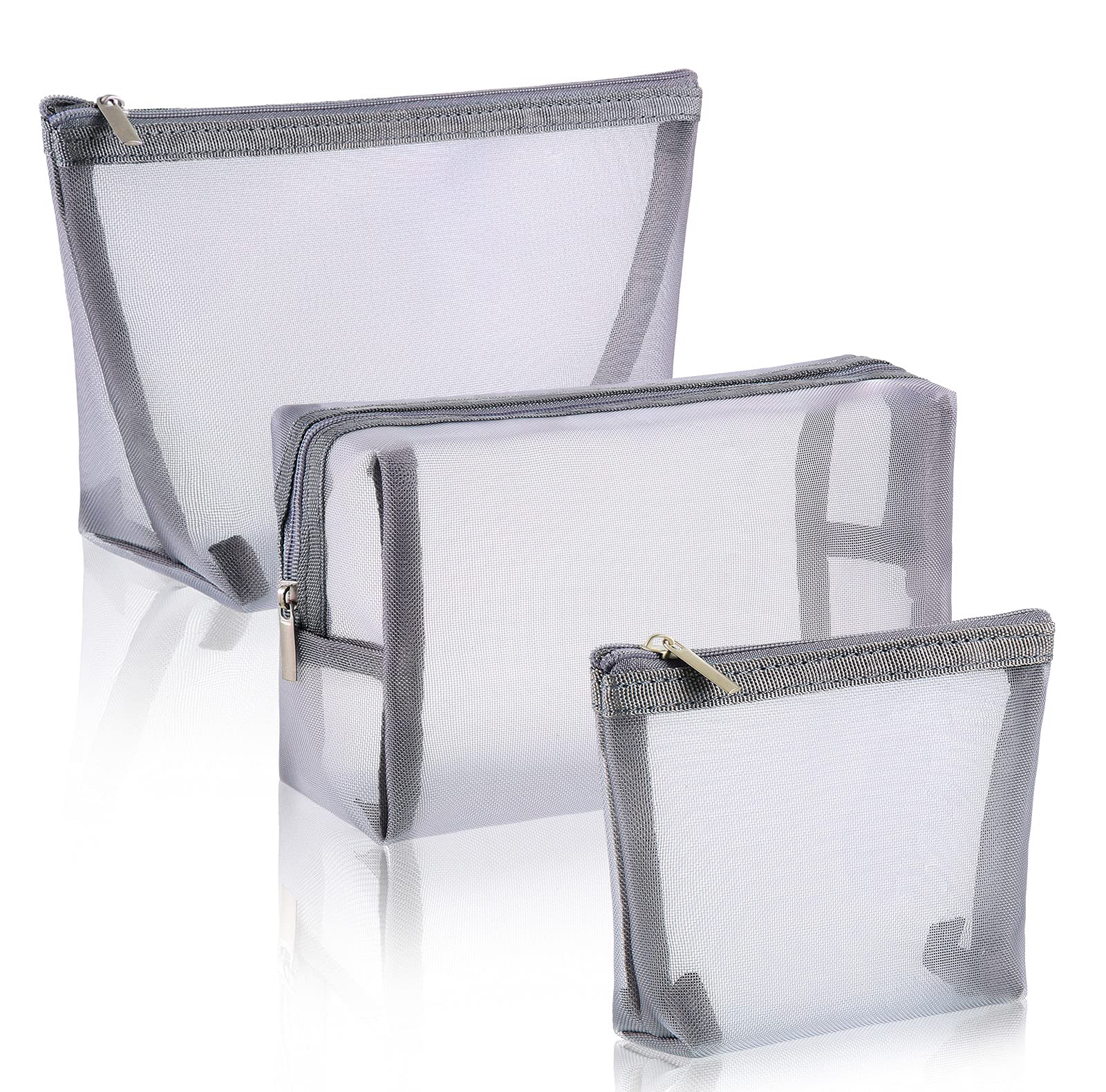 Boao 3 Pieces Mesh Cosmetic Bag Mesh Makeup Bags Mesh Zipper Pouch for Offices Travel Accessories, 3 Sizes (Grey)