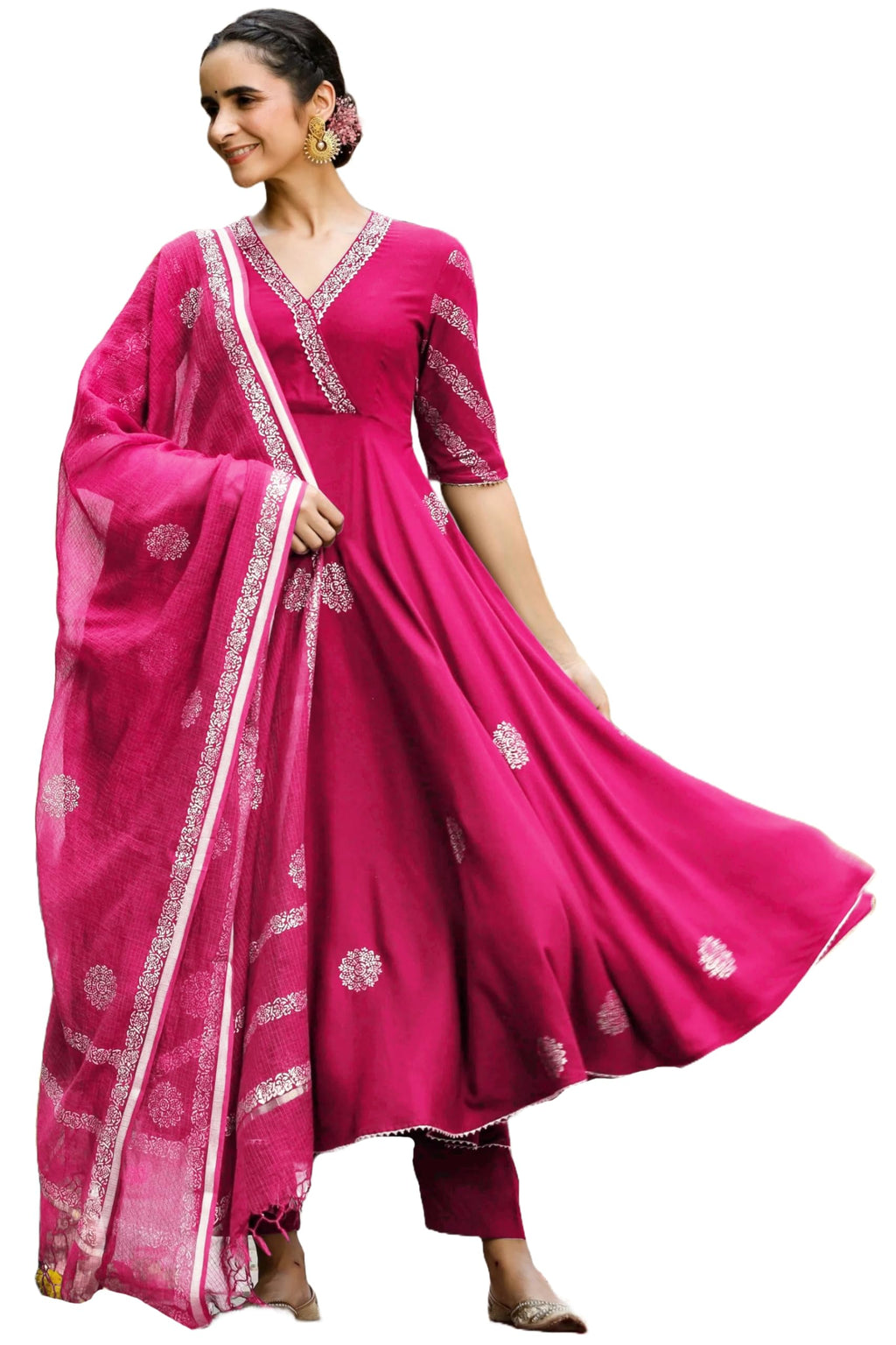 ANNI DESIGNER Anarkali Women s Rayon Blend Kurta with Trousers and Dupatta, Pink, XL
