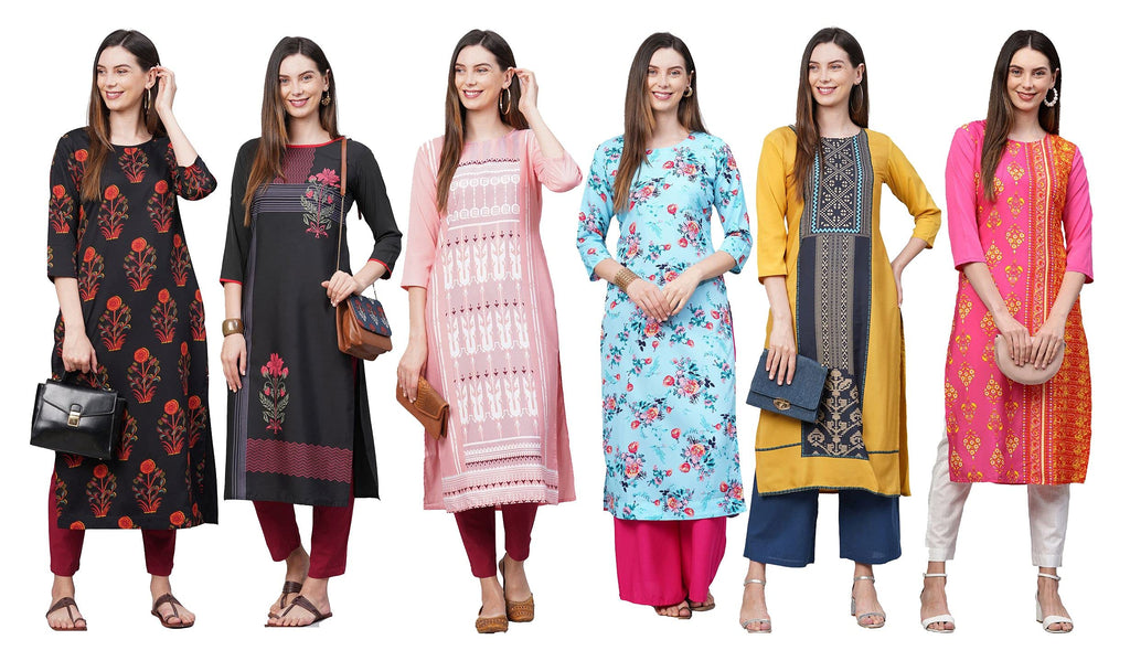 ANNI DESIGNER Women's Crepe Straight Printed Kurta Pack of 6 (Crepe Combo-6_6_XL_Newly_Multicolor_X-Large)