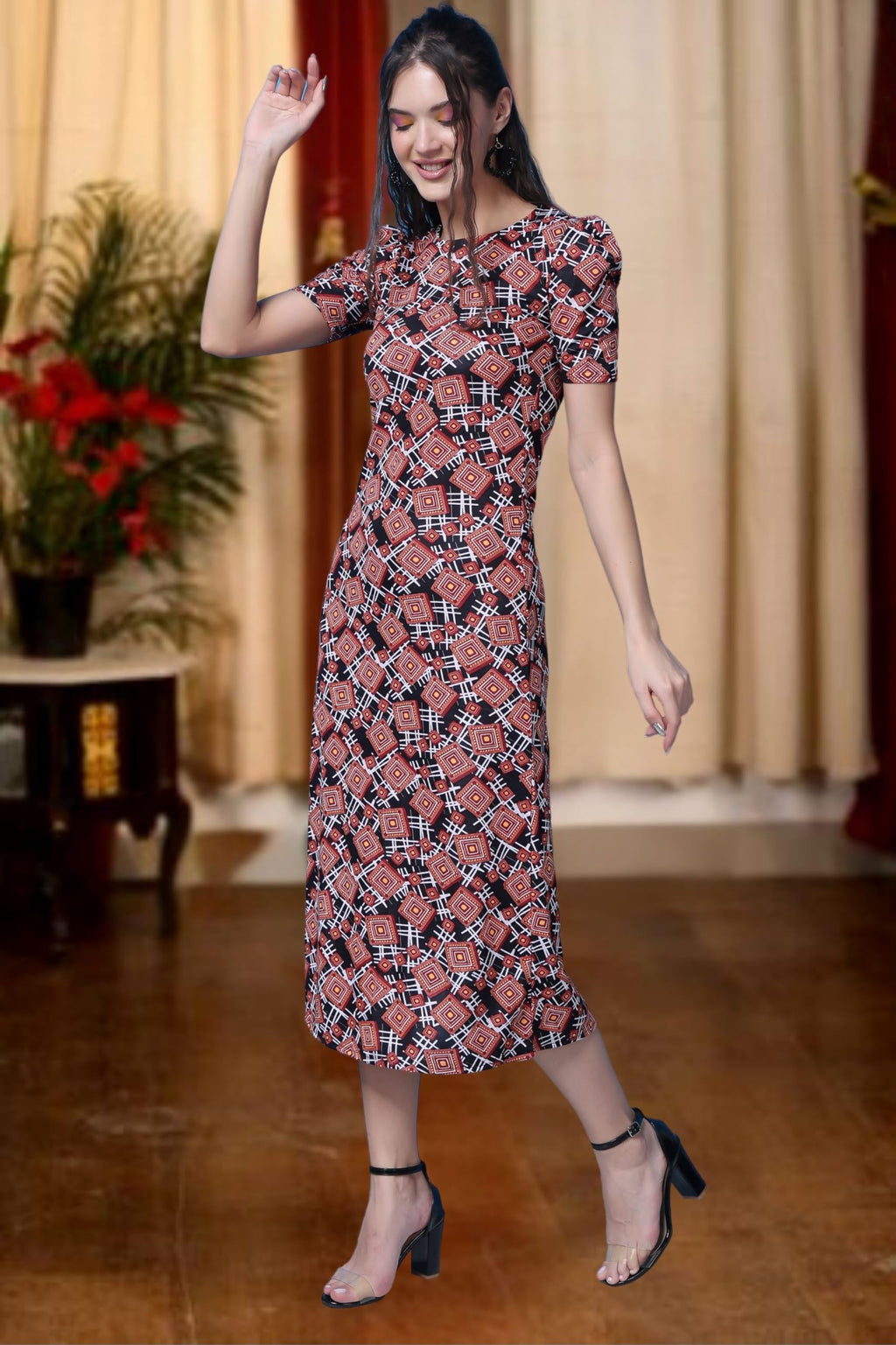 Popwings Casual Abstract Printed Midi Dress For Women | Half-Sleeves Long Dress For Women | Round-Neck Women Stylish Dress Black