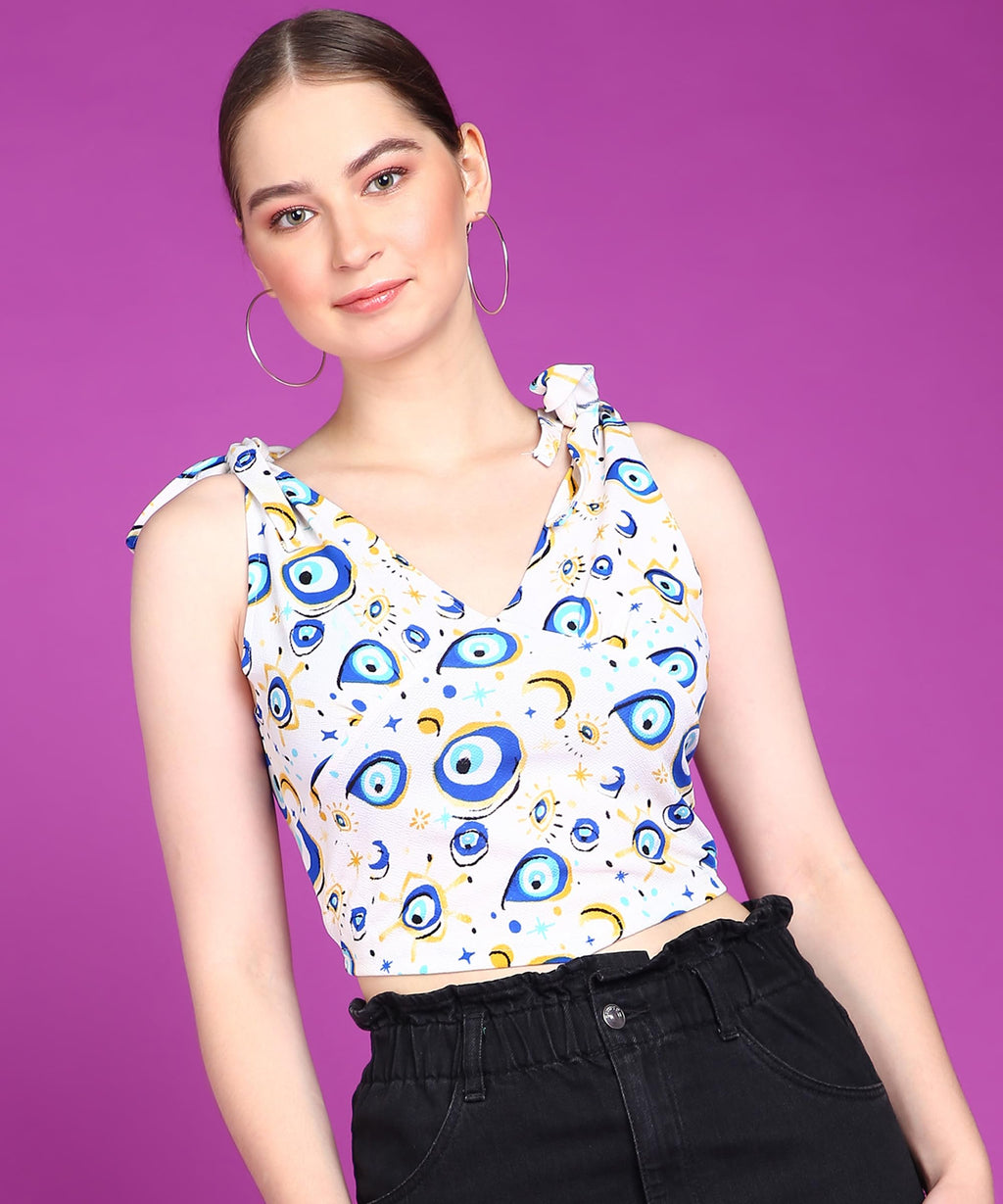 POPWINGS Women Casual White Eye Printed Sleeveless Self Design Strap Knot Crop Top