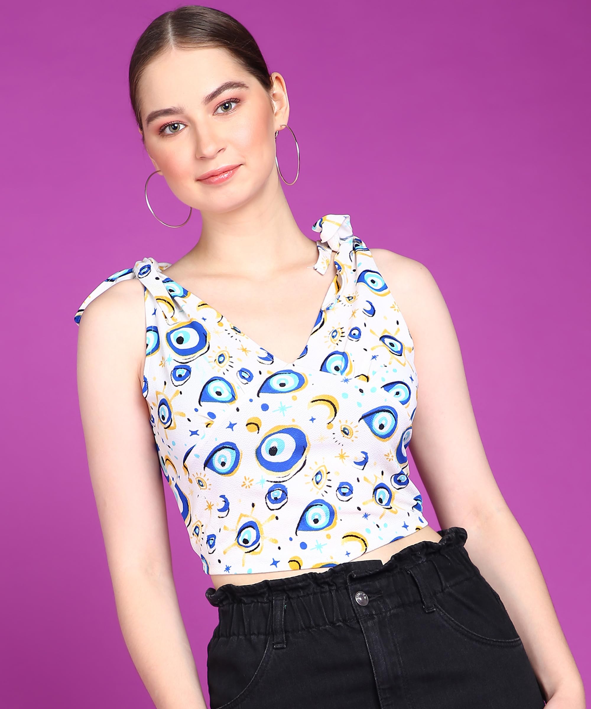 POPWINGS Women Casual White Eye Printed Sleeveless Self Design Strap Knot Crop Top