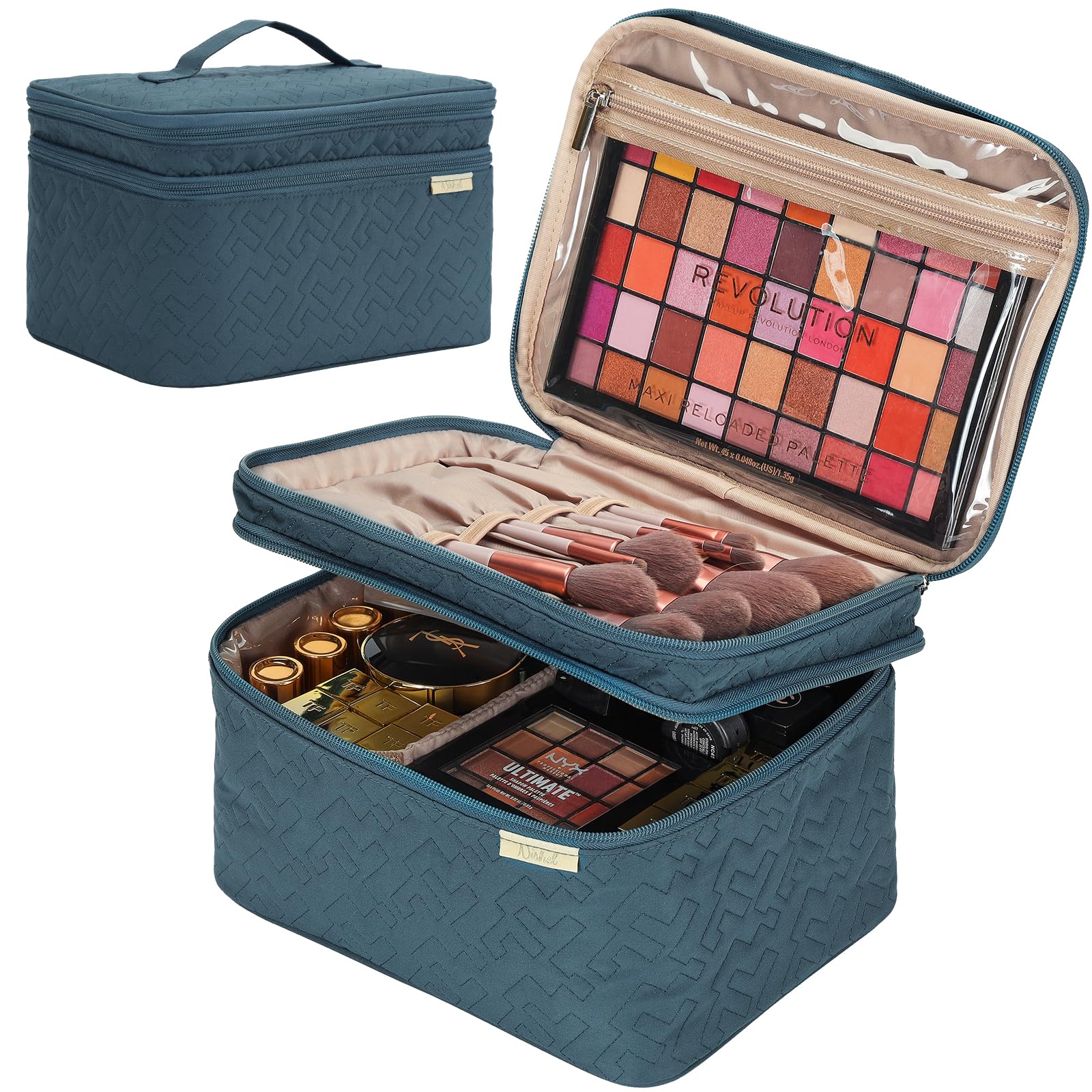 NISHEL Large Double Layer Travel Makeup Bag Women, Large Cosmetic Case, Organizer for Travel-Size Accessories Bottles, Brushes, 