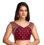 Pujia Mills WomenS Sequin Embroidered V Neck Sleeveless Maroon Readymade Saree Blouse Indian Ethnic Stitched Padded Blouses For