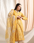 Leriya Fashion Womens Cotton Blend Multi Floral Foil Printed Ethnic Straight Shawl Collar Kurta & Patiyala Style Pant with Dupa
