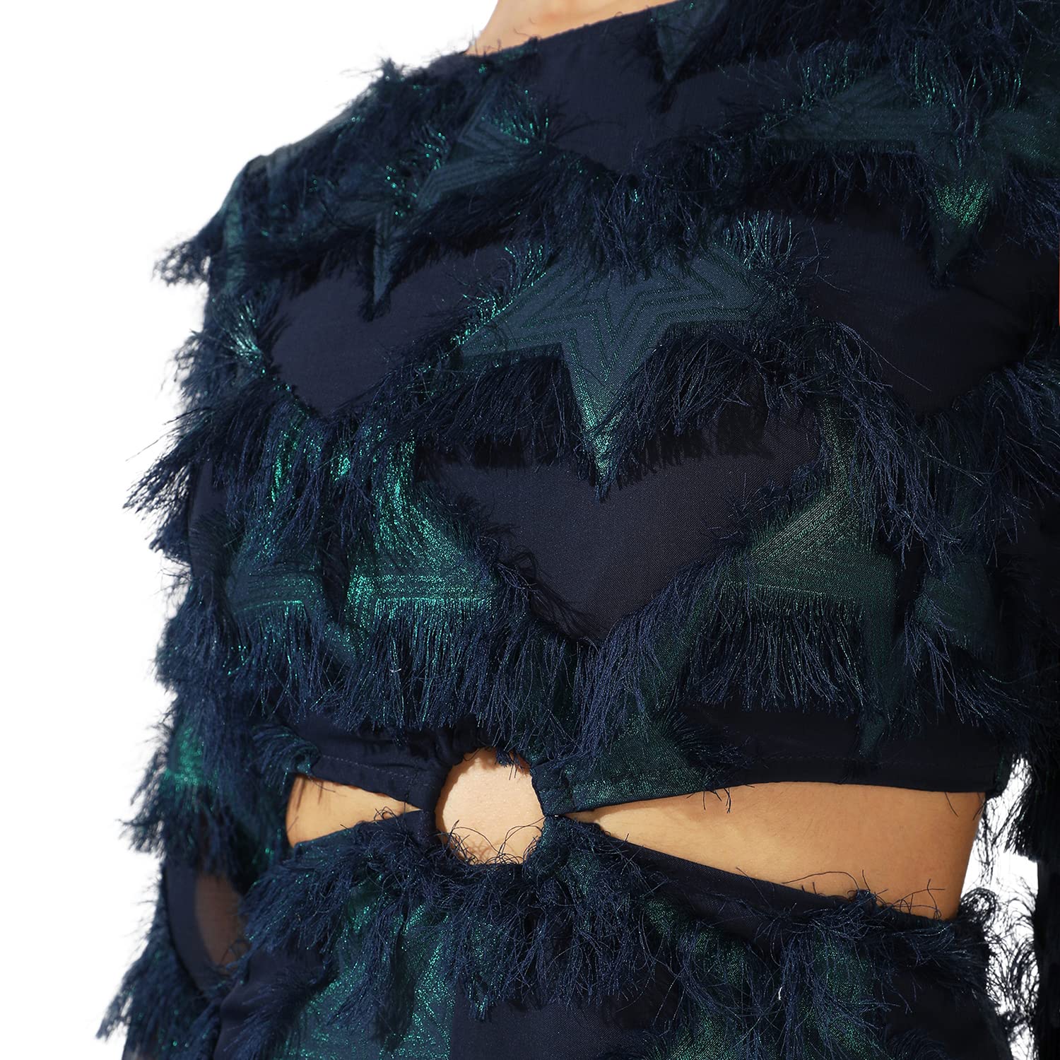 Campus Sutra Women'S Green & Blue Cutout Fringe Dress For Casual Wear | Long Sleeve | Midi Length | Dress Crafted With Comfort F