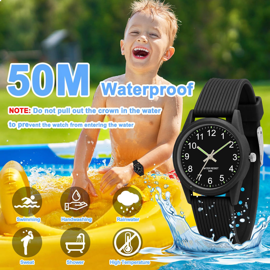 TENOCK Kids Analog Watch for Boys Girls Time Teaching 50M Waterproof Kids Watches Easy to Read for 4-12 Years-Black