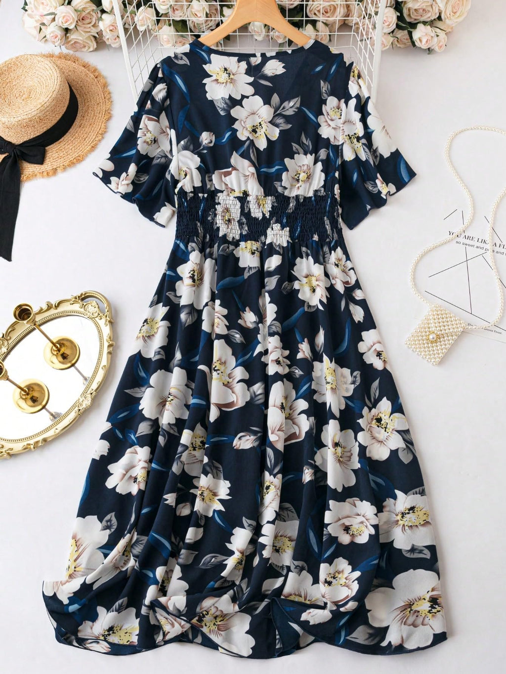 Shasmi Womens & Girls N Blue Floral Print V-Neck Waist-Cinched Dress For Women Midi | One Piece Dress For Women | Beach Dress Fo