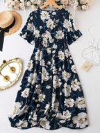 Shasmi Womens & Girls N Blue Floral Print V-Neck Waist-Cinched Dress For Women Midi | One Piece Dress For Women | Beach Dress Fo