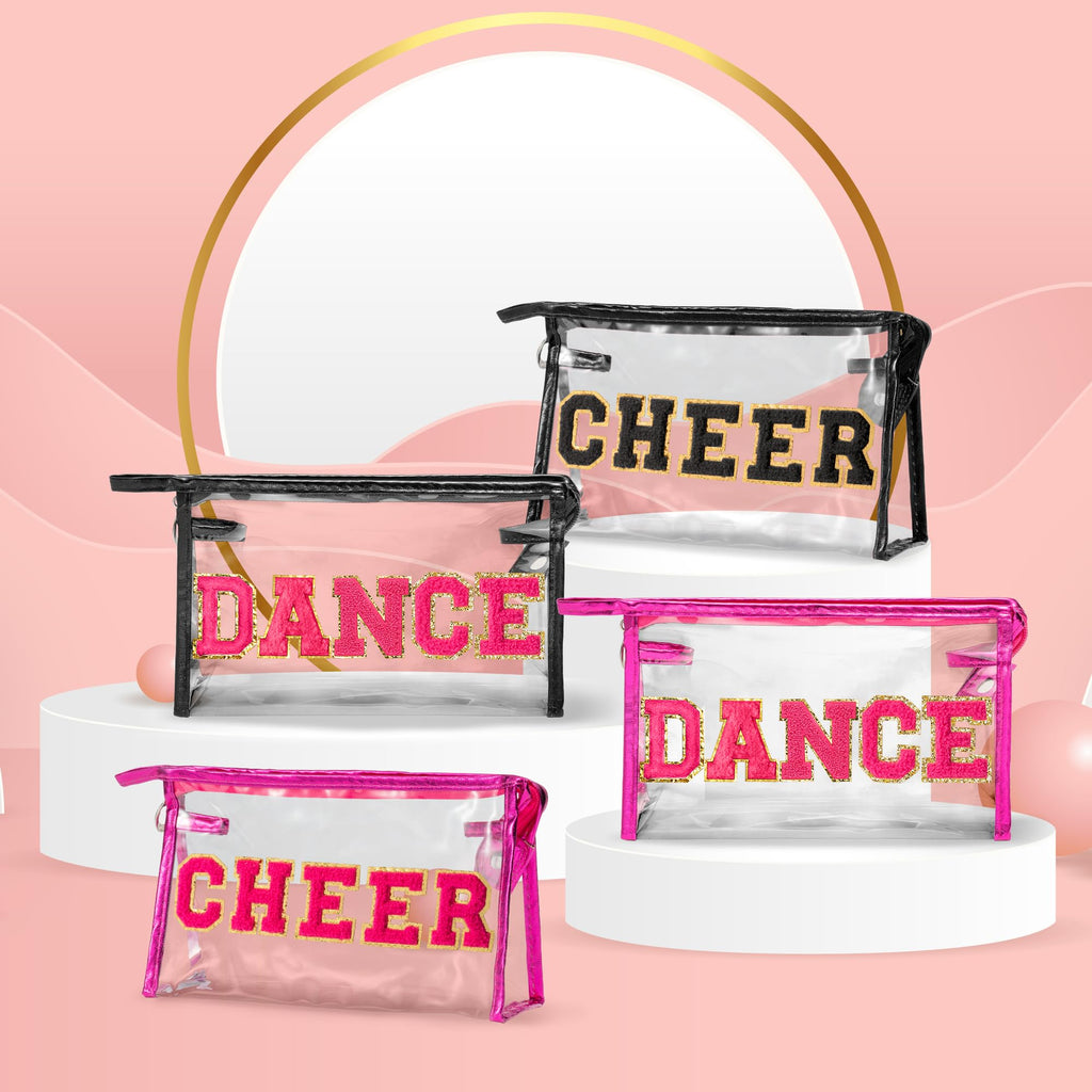 Y1tvei DANCE Clear Makeup Bag - Preppy Hot Pink Dance Chenille Patch Cosmetic Pouch Dancer Recital Survival Kit Extra Large PVC