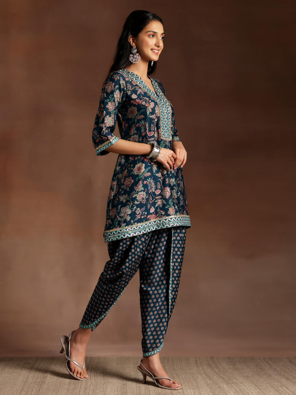 Libas Womens Printed Silk Blend Straight Kurta With Dhoti Pant And Dupatta
