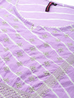 Ishin Women'S Cotton Purple & Off White Embroidered A-Line Kurta Set With Trouser