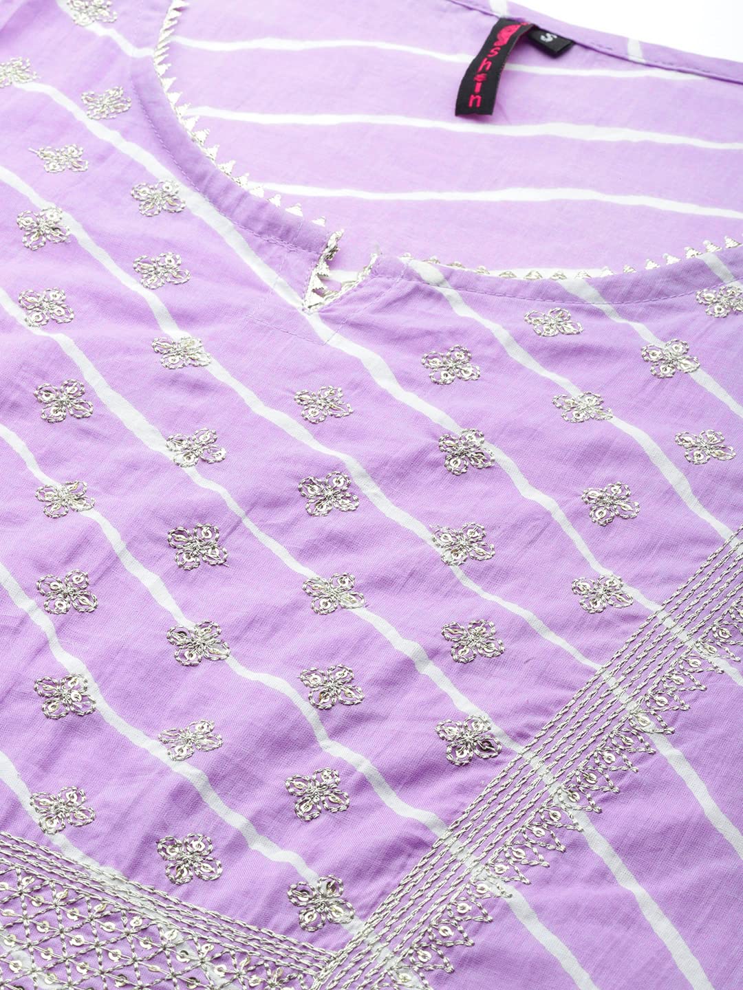 Ishin Women'S Cotton Purple & Off White Embroidered A-Line Kurta Set With Trouser