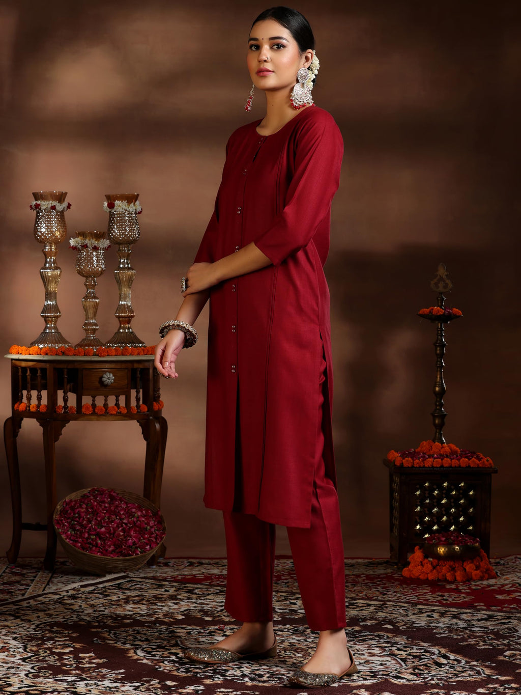 Libas Womens Woven Design Cotton Blend Straight Kurta With Trousers And Dupatta