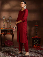 Libas Womens Woven Design Cotton Blend Straight Kurta With Trousers And Dupatta