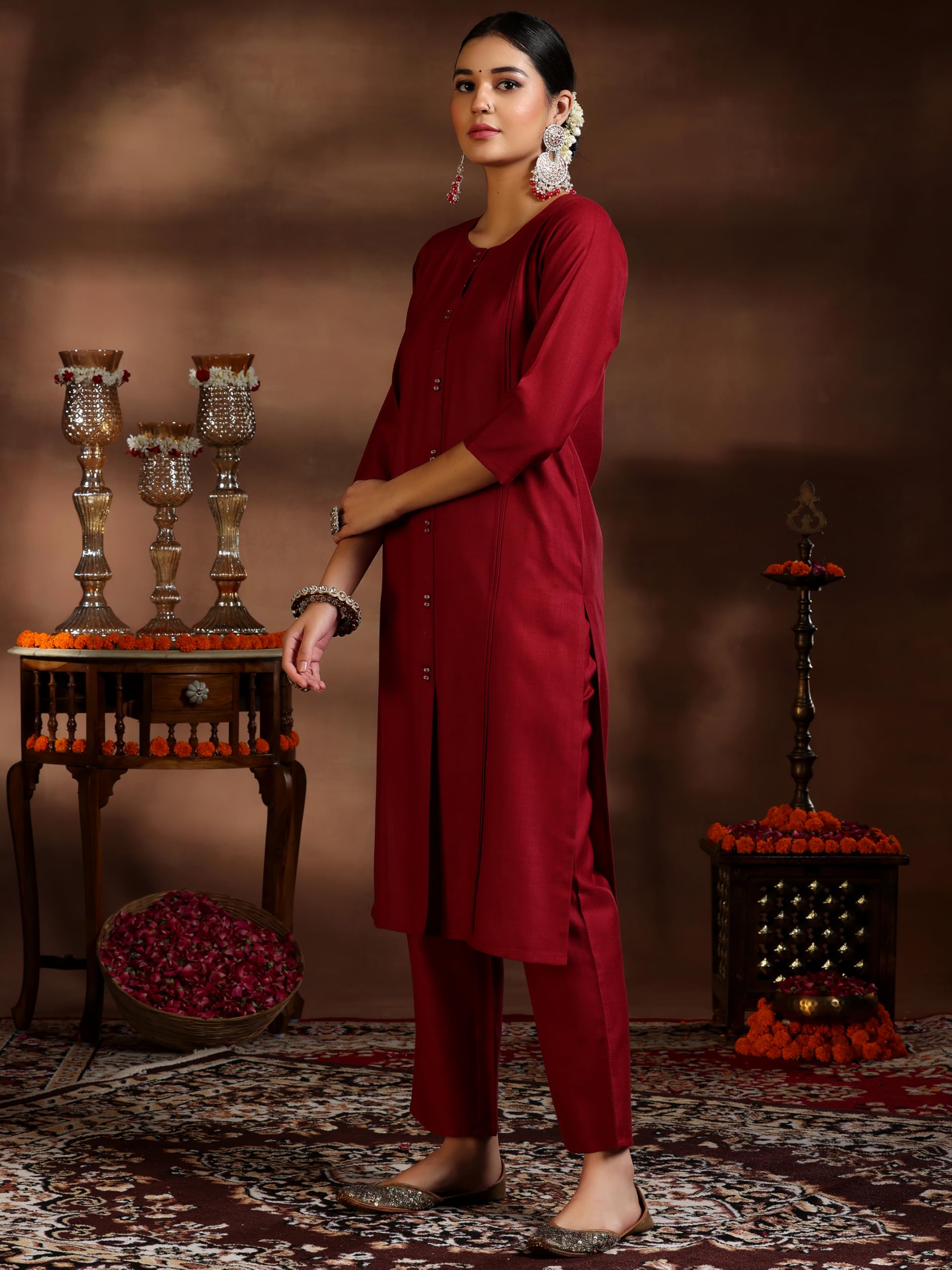 Libas Womens Woven Design Cotton Blend Straight Kurta With Trousers And Dupatta