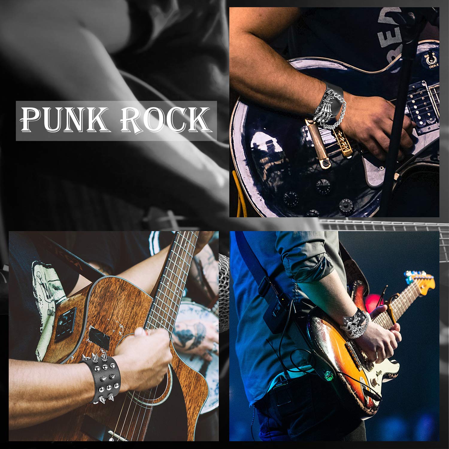 Aroncent 3PCS Spike Studded Bracelet Rock Biker Wide Strap Bracelet Set Adjustable Spiked Leather Cuff Bracelet Goth Punk Access