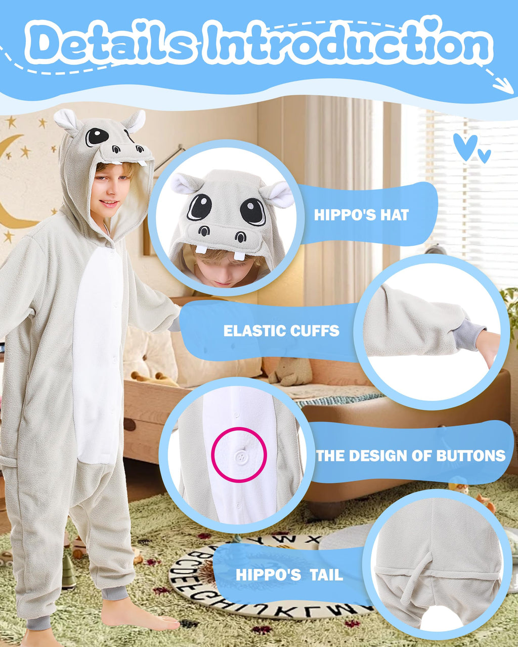 CANASOUR Hippo Onesie Kids Animal Halloween Cosplay Costume for 10-12 Years Girls Unisex Outfuit One Piece Hooded Soft Pajamas G