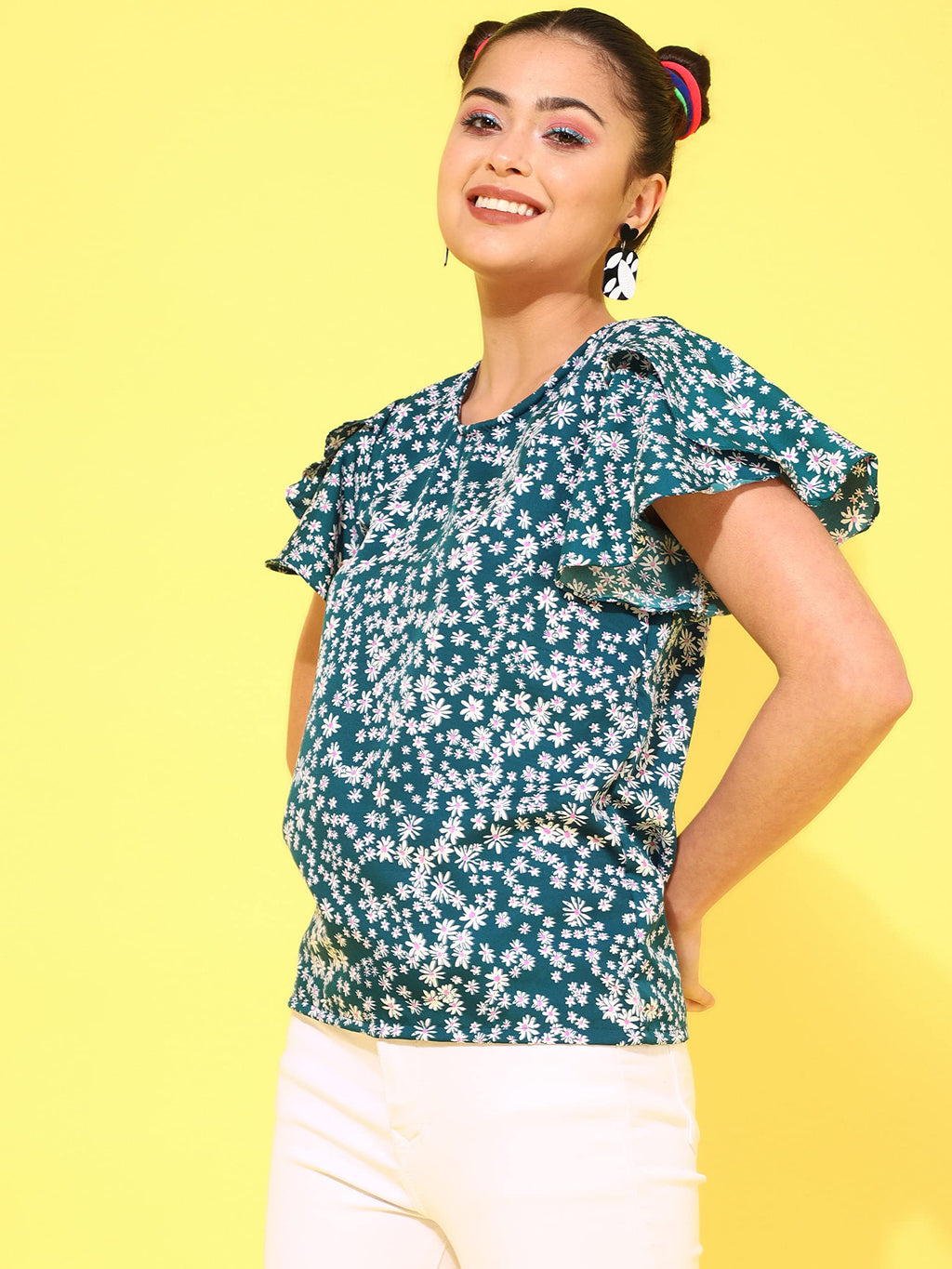 OOMPH! Womens Crepe Printed top with Boat Neck and Butterfly Sleeve
