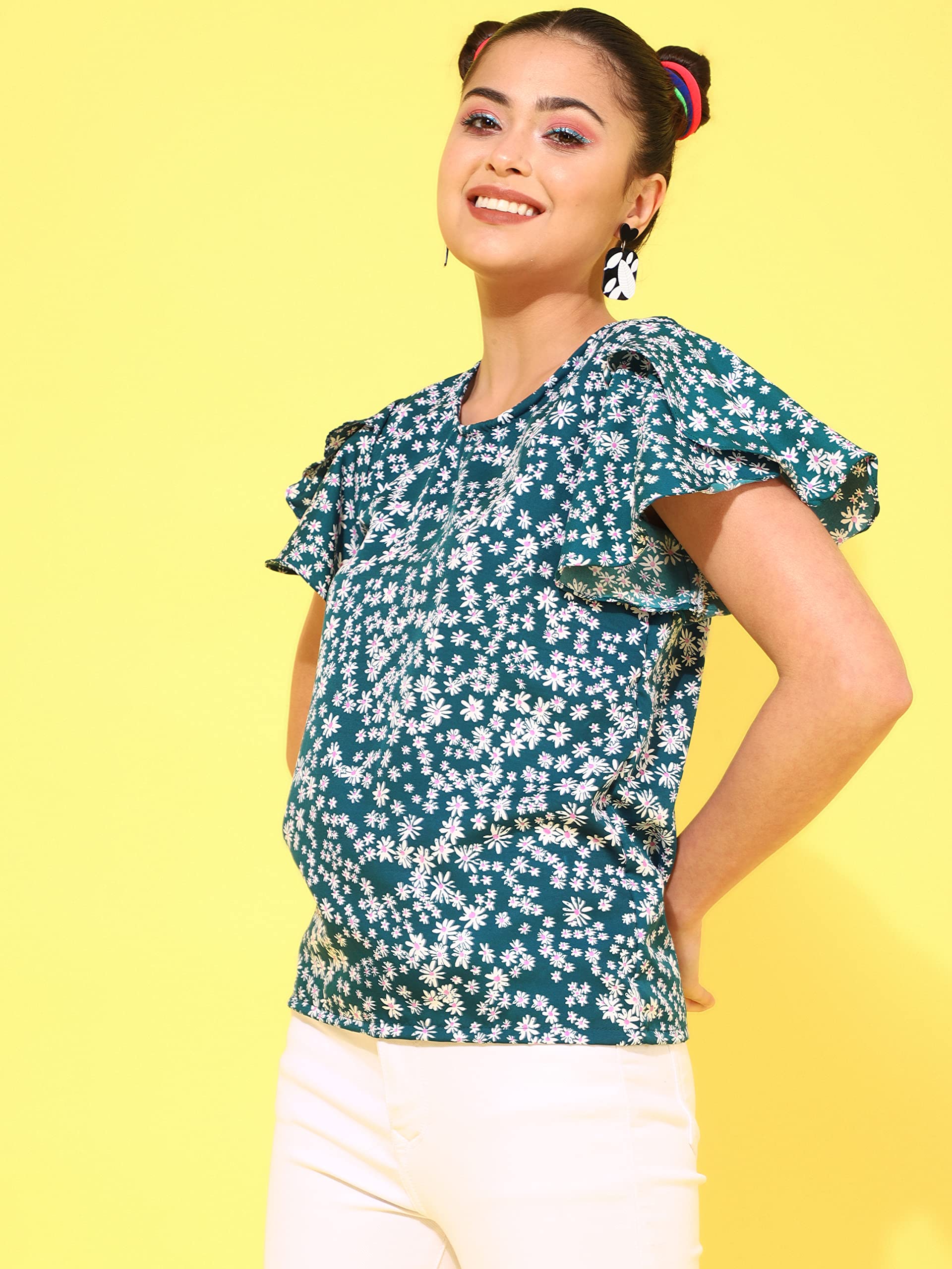 OOMPH! Womens Crepe Printed top with Boat Neck and Butterfly Sleeve