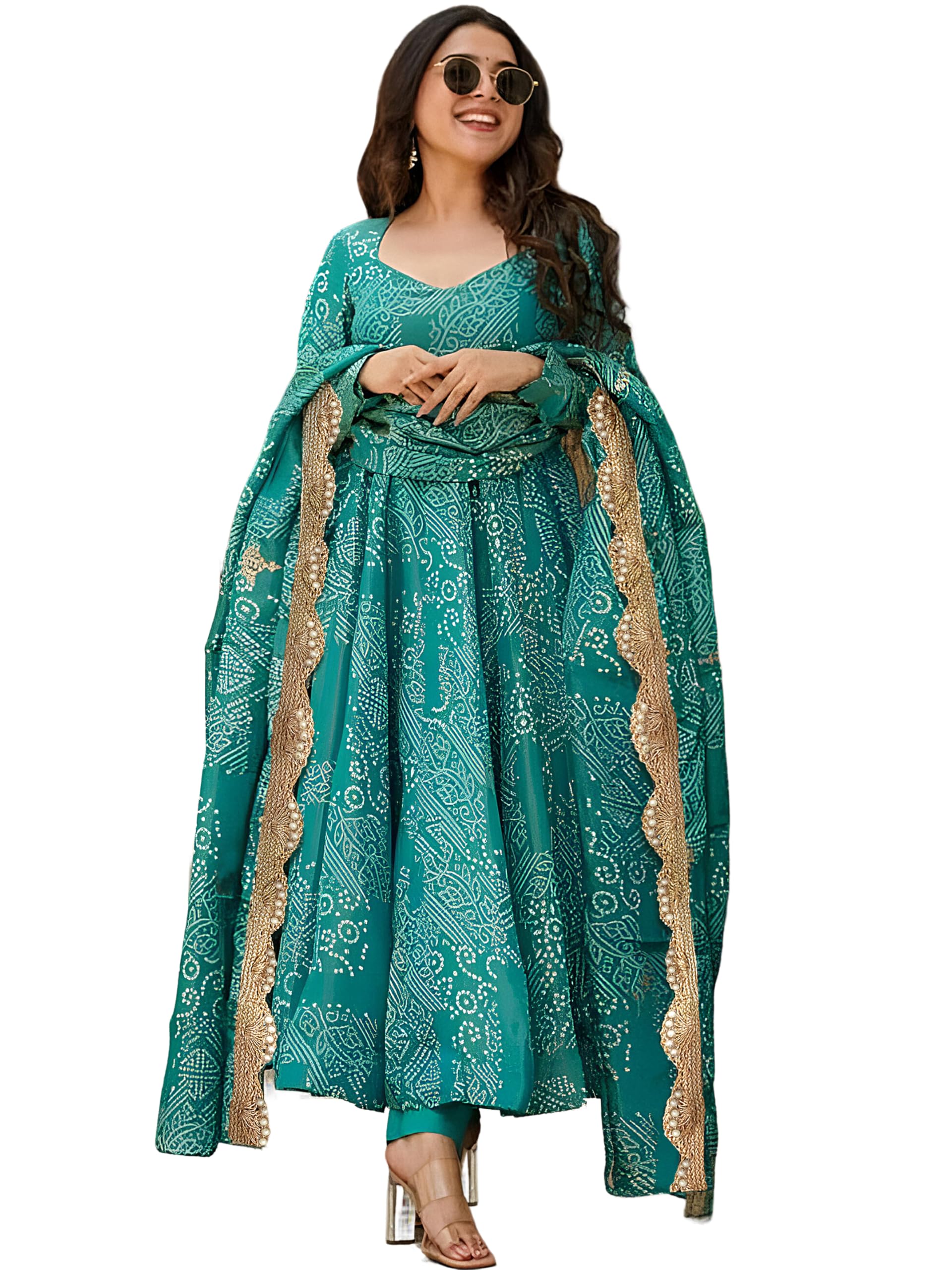 Pinkmint Womens Bandhani Print Flared Anarkali Muslin Kurta Set with Pant & Stylish Dupatta Ethnic Long Sleeve Dress Suit Set T