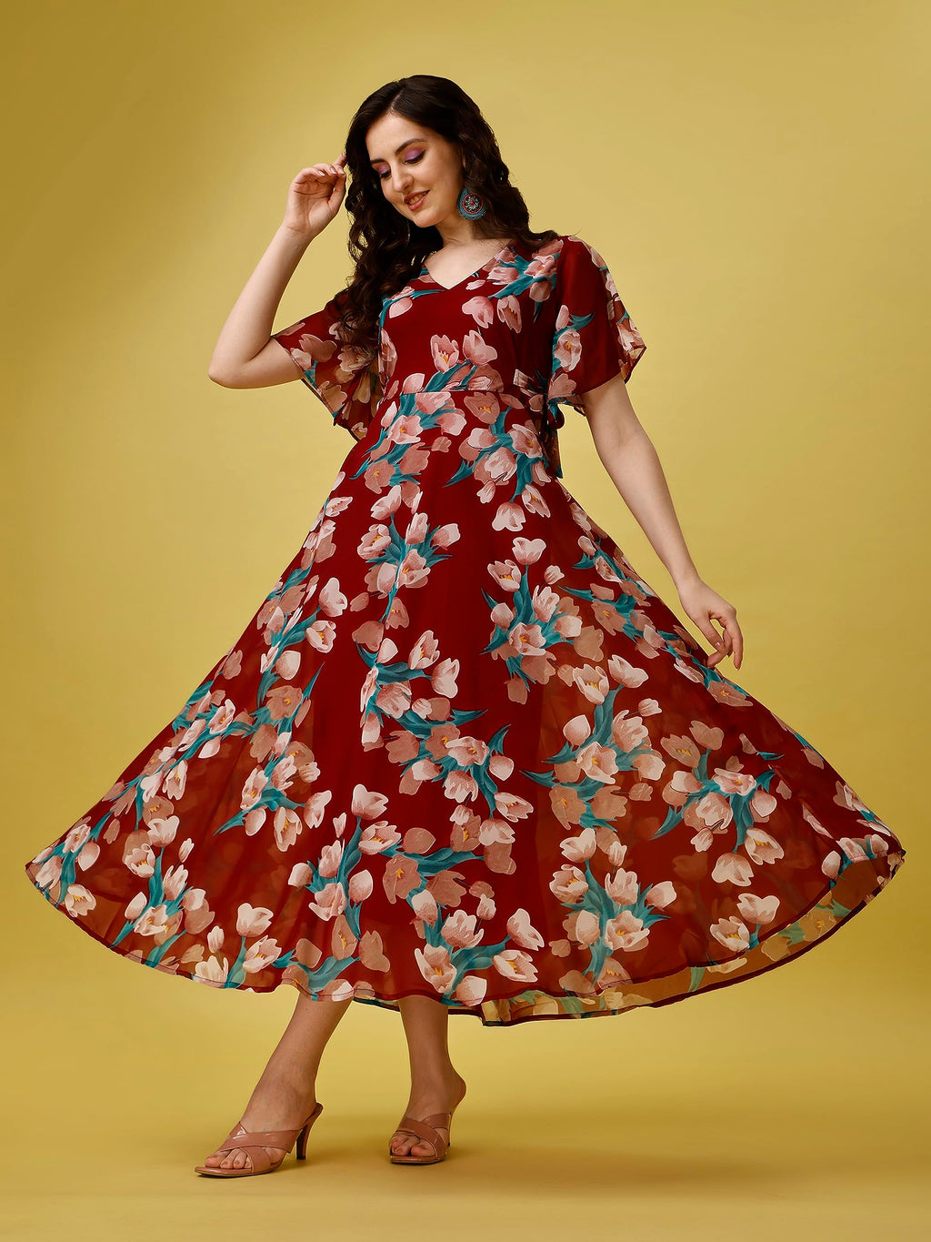 Fashion2Wear WomenS Georgette Midi Dress With V Neck Floral Printed A Line Style Knee Length Half Ruffle Sleeves And Regular Fi