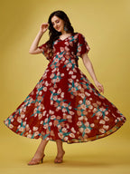 Fashion2Wear WomenS Georgette Midi Dress With V Neck Floral Printed A Line Style Knee Length Half Ruffle Sleeves And Regular Fi