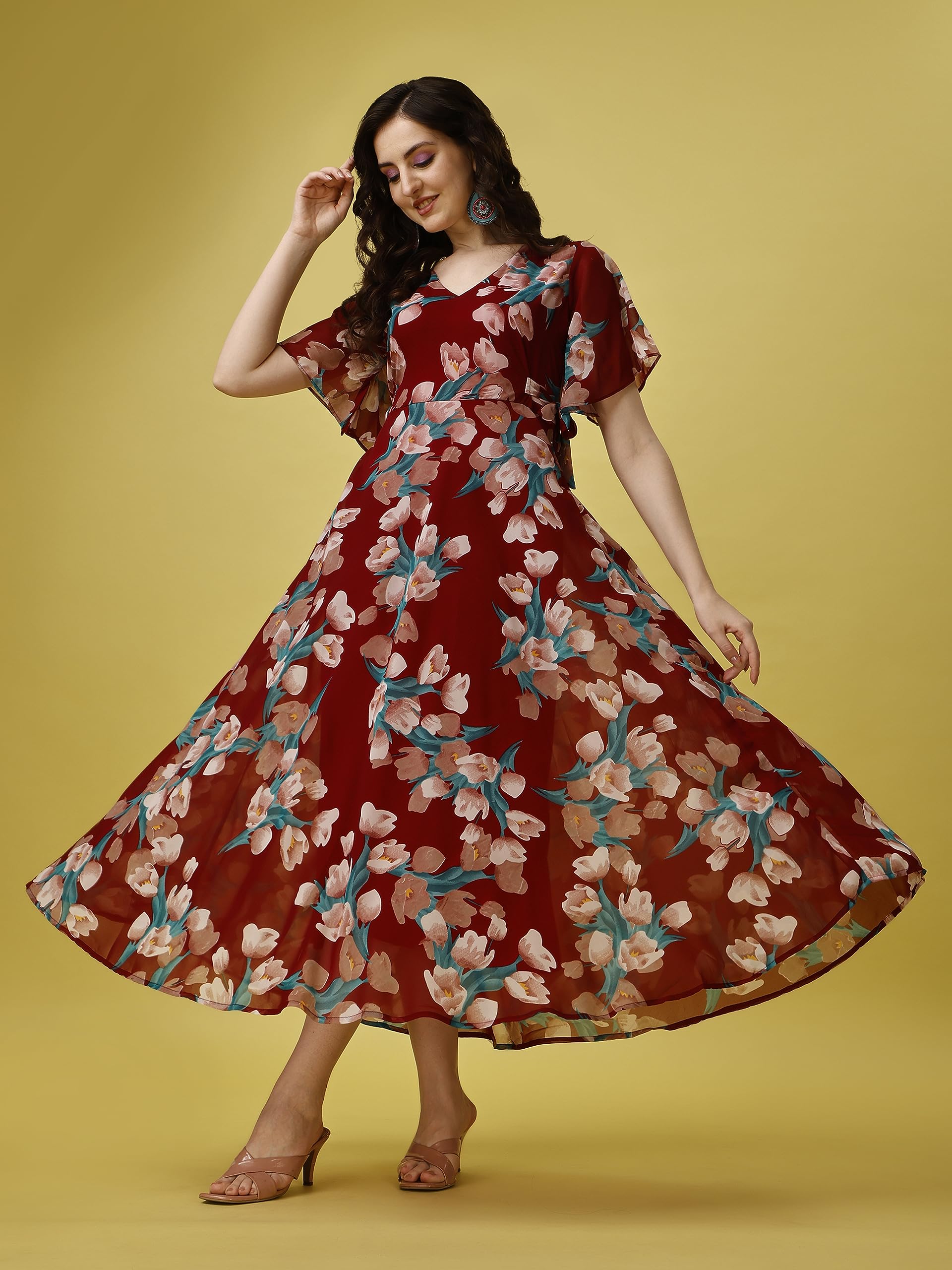 Fashion2Wear WomenS Georgette Midi Dress With V Neck Floral Printed A Line Style Knee Length Half Ruffle Sleeves And Regular Fi