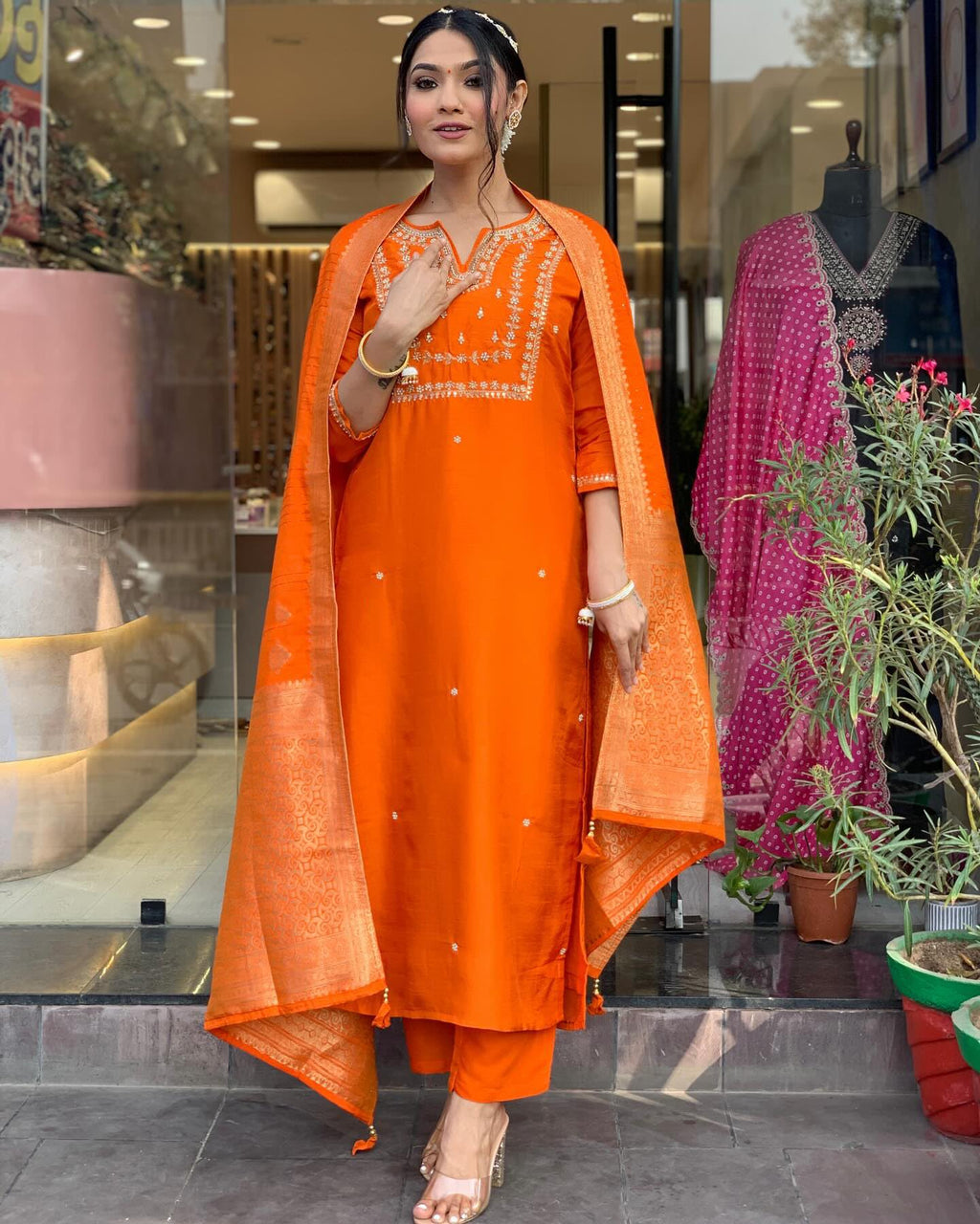 ANNI DESIGNER Women s Kurta with Trousers and Dupatta, Orange, Medium