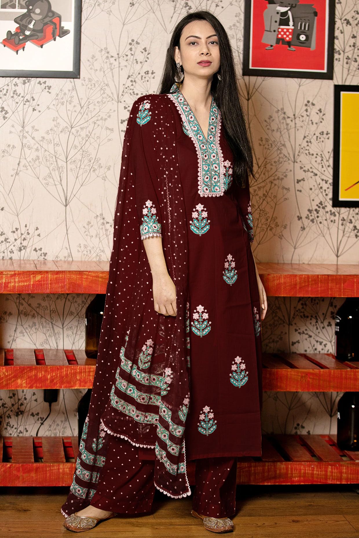 ANNI DESIGNER Womens Rayon Viscose Floral Regular Kurta with Pant & Dupatta (Belagavi Mustard_Wine_Large)