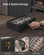 SONGMICS 12-Slot Watch Box, Solid Wood Organizer With Glass Lid, Display Case With Removable Pillows, Gift for Loved Ones, Ebony