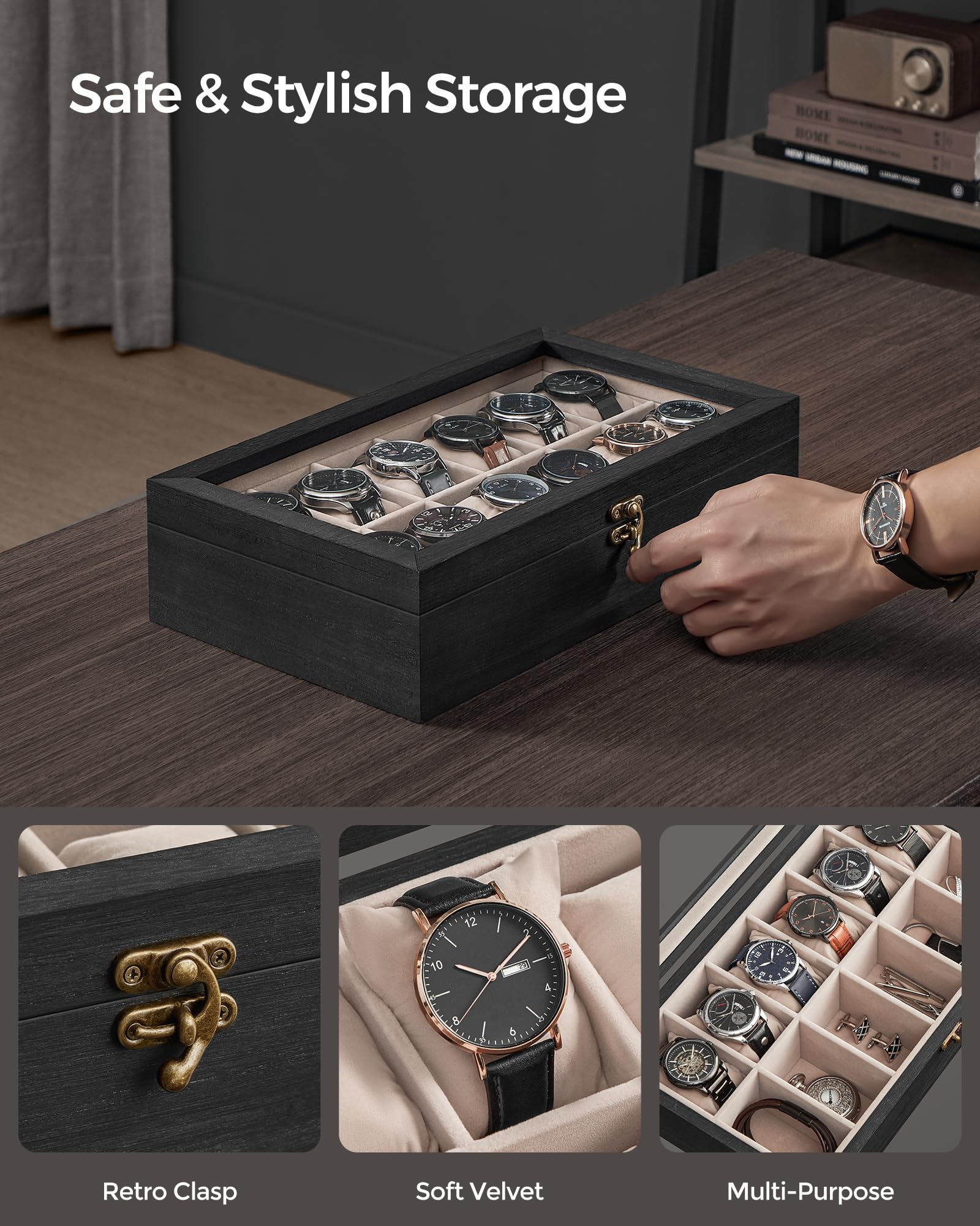 SONGMICS 12-Slot Watch Box, Solid Wood Organizer With Glass Lid, Display Case With Removable Pillows, Gift for Loved Ones, Ebony