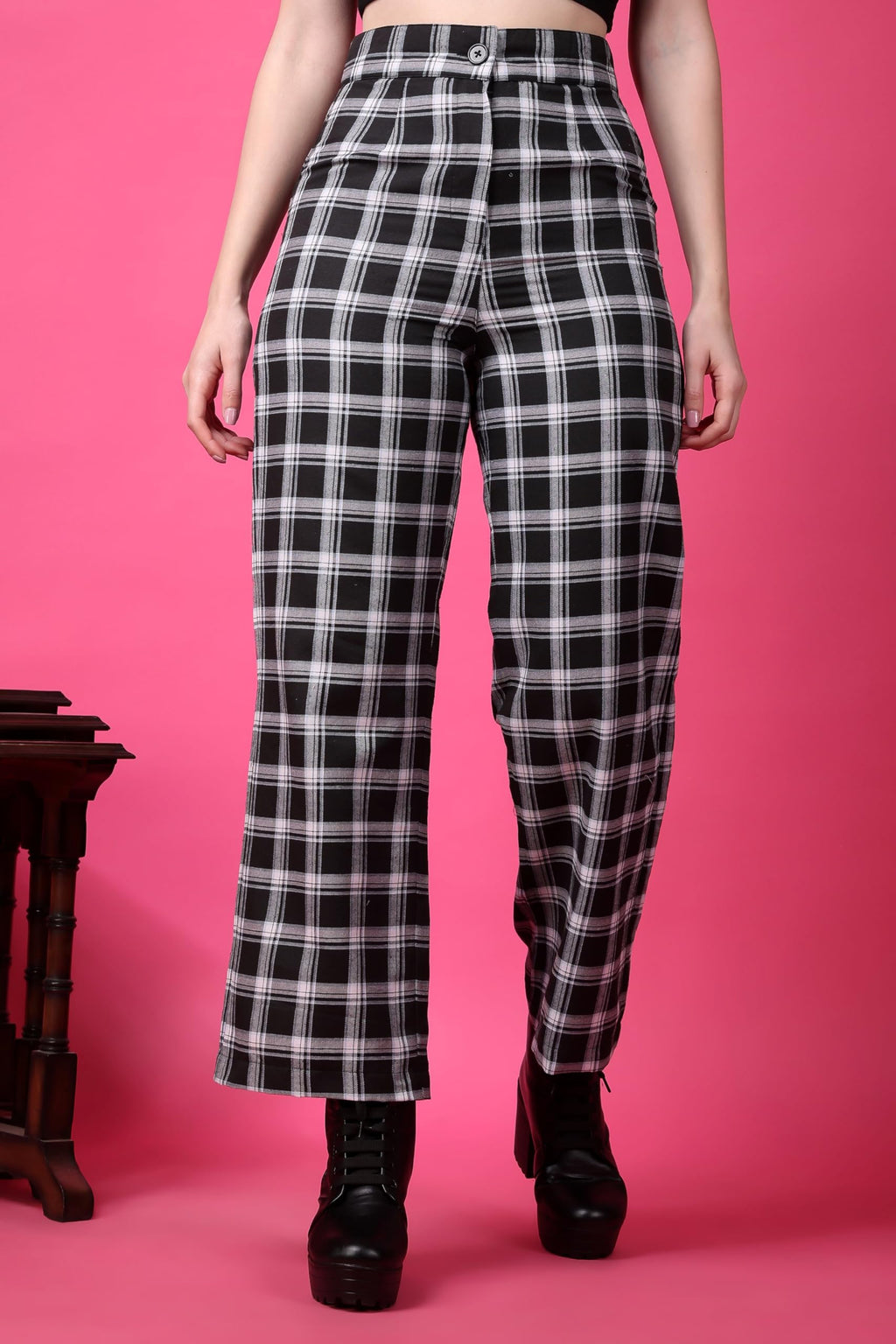 POPWINGS Casual Check Print Button and Zip Closure Trouser for Women | Western Wide-Leg Trouser for Women | Summer Trousers for