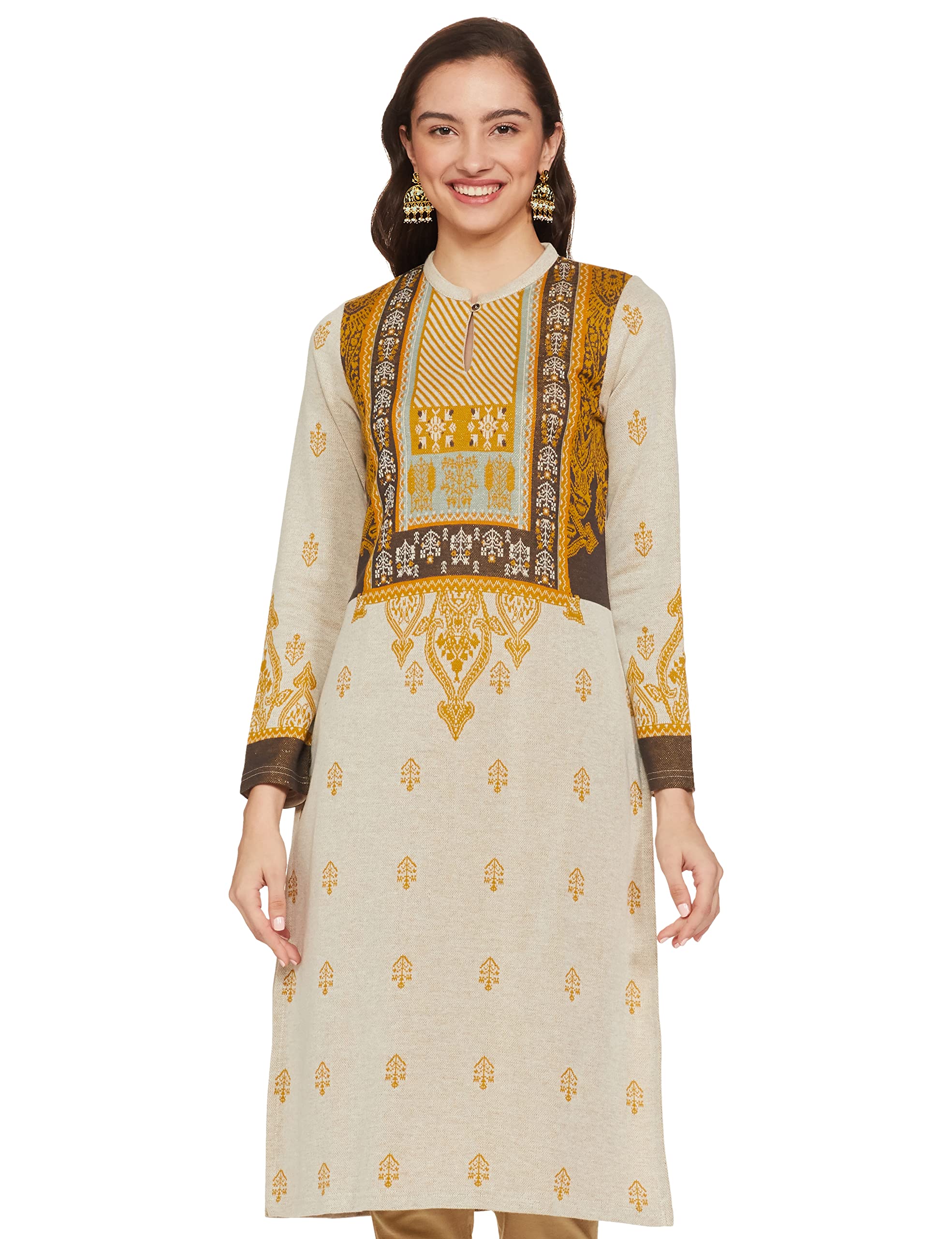 W For Woman Women'S Cotton Blend Geometric Regular Kurta (21Now16945-312066_Angora Beige_S)