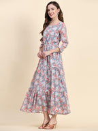 Toochki WomenS Grey Georgette Floral Tiered Western Dress | Dress For Women | A Line Dress | Winter Dress | Western Dress | Lat