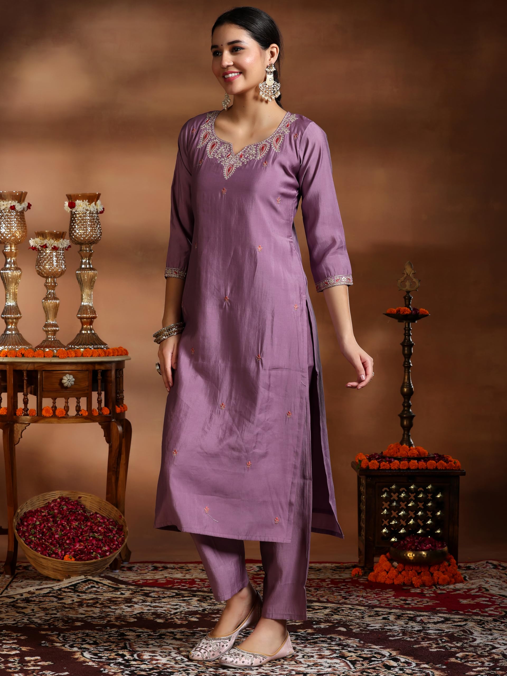 Libas Womens Embroidered Silk Blend Straight Kurta With Palazzos And Dupatta