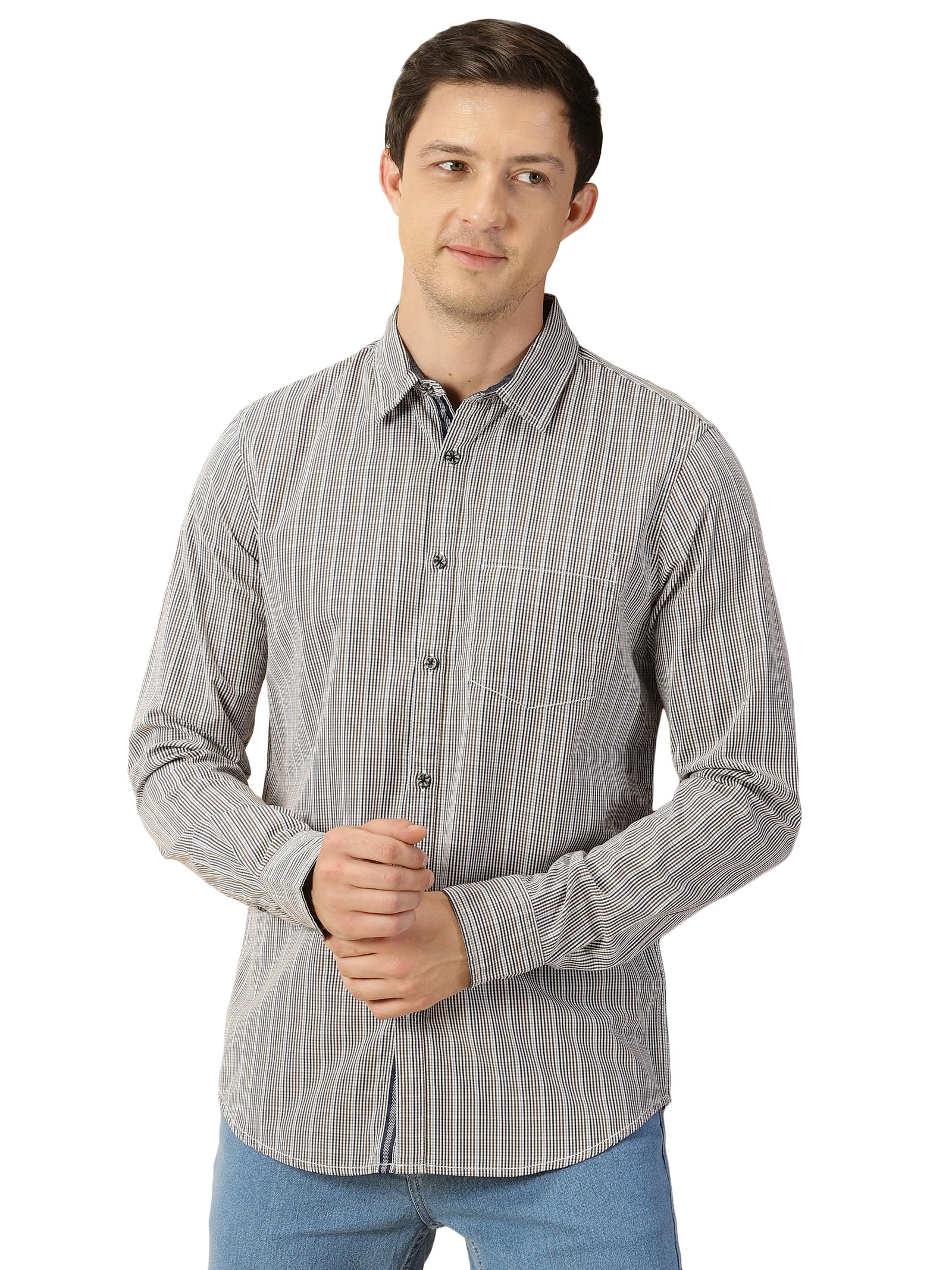 Thomas Scott Mens 100% Cotton Slim Fit Full Sleeves Solid Casual Shirt Coffee